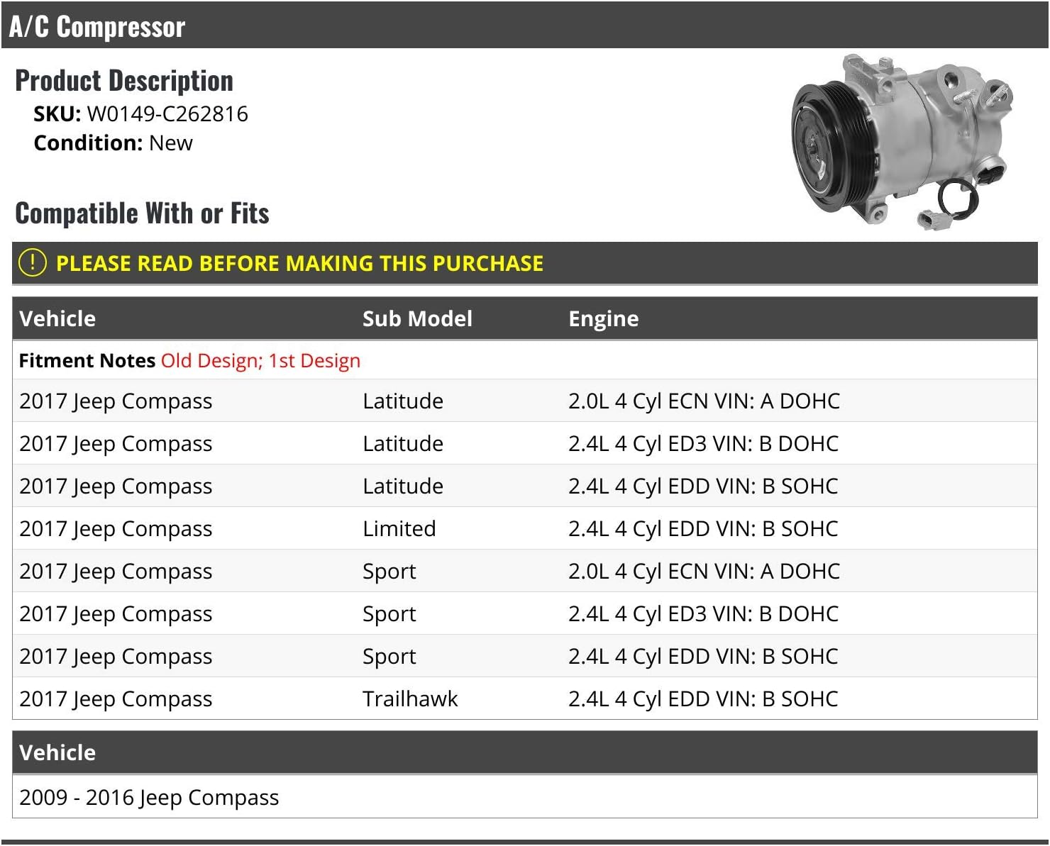 A/C Compressor - Compatible with 2009-2017 Jeep Compass 2.0L / 2.4L 4-Cylinder