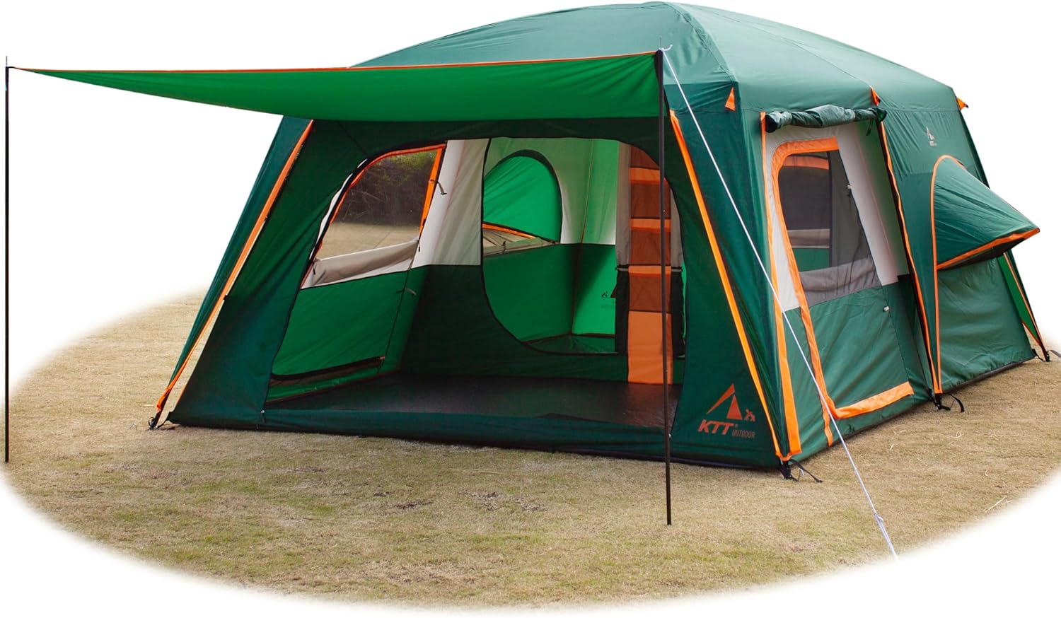 KTT Large Family Cabin Tent 10-12 Person,14.1X10X6.58ft,2 Rooms,3 Storage Pockets,2 Bay-Windows 3 Doors and 3 Windows with Mesh,Straight Wall,Waterproof,Double Layer,Big Tent for Outdoor,Camping