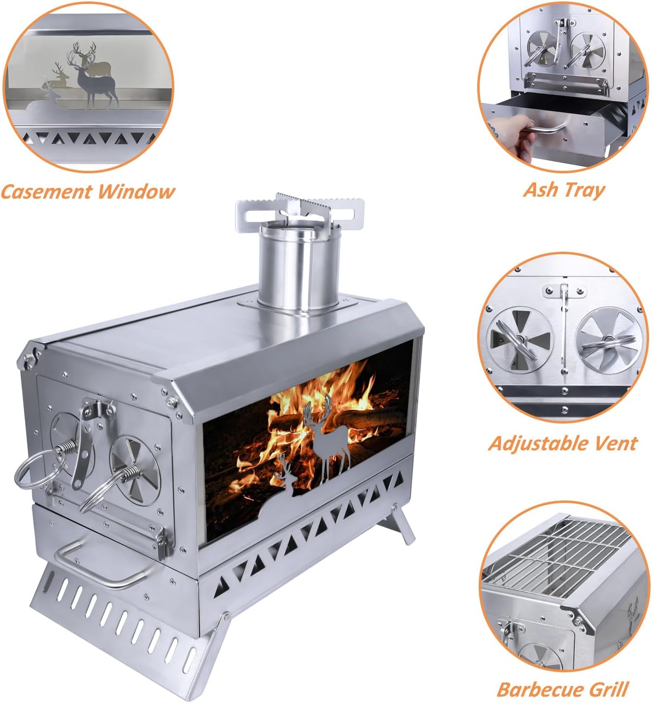Outdoor Camping Tent Stove Portable Stainless Steel with Chimney Barbecue Net for Outdoor Cooking BBQ Heating & Fishing(Large)
