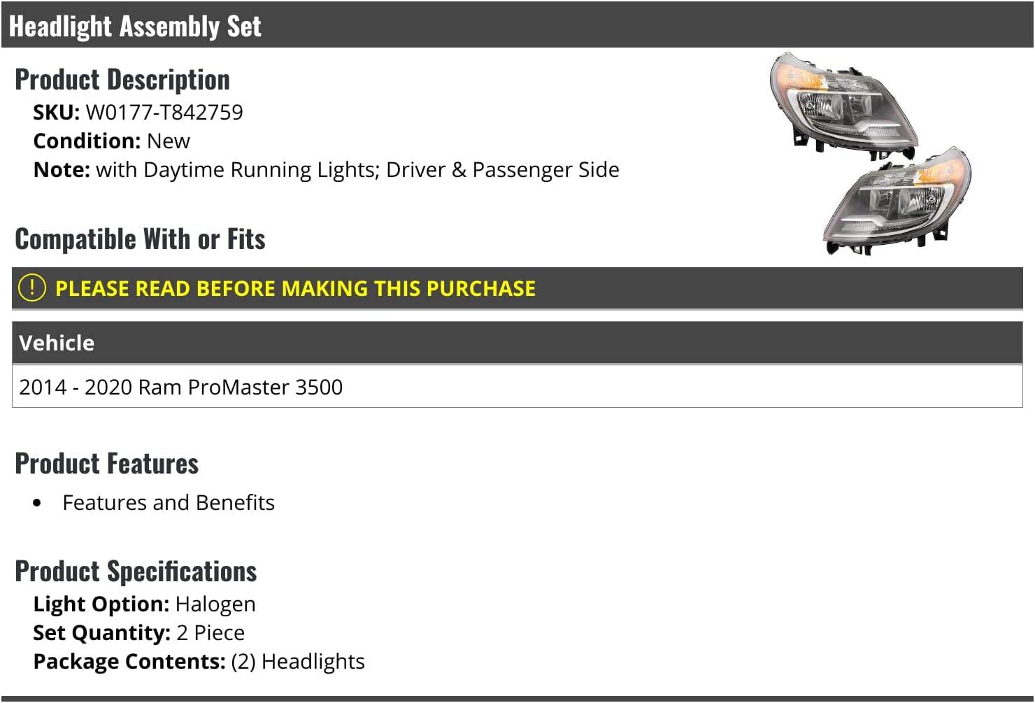 Halogen Headlight Assembly Set 2 Piece - Compatible with 2014-2020 Ram ProMaster 3500 with Daytime Running Lights