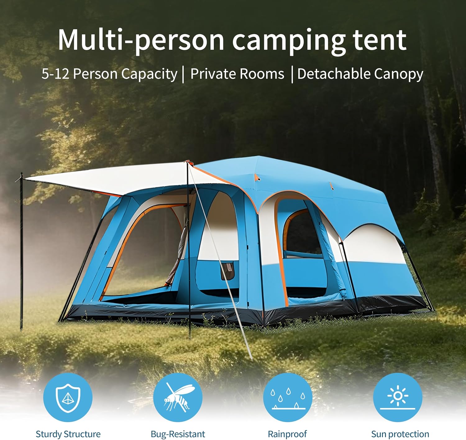 Large Family Camping Tent - 5-12 Person Multi-Room Waterproof Pop-Up Tent with Screened Porch - Glamping Tent for Outdoor Camping & Family Vacation