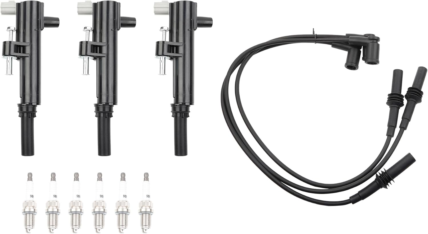 Set of 3 UF640 Ignition Coils Pack And 4504 Iridium Spark Plugs With 27738 Wire Set Compatible With 2009-2012 Dodge Durango Dakota Jeep Grand Cherokee Liberty Ram 1500 V6 3.7L