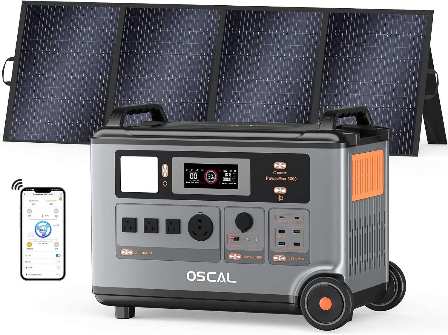 OSCAL 3600Wh Portable Power Station with 400W Solar Panel PowerMax 3600, Solar Generator with 4 AC Outlets (6000W Peak), 1.2H Full Charging, APP Control Emergency Power Station for Home, Camping & RVs