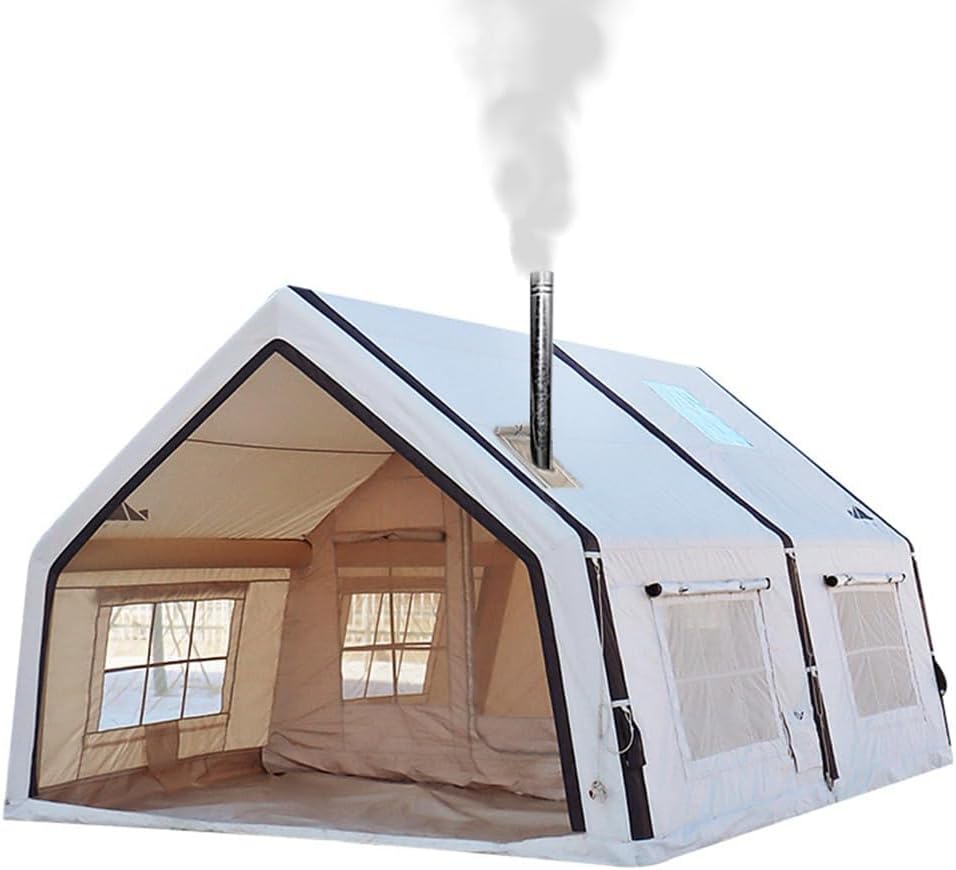 4 Season Air Tent Glamping Tent with Separate Living and Sleeping Area,Waterproof Pop-Up Outhouse Yurt with Pump and Stove Jack Hole, 8-10 Person Camping Quick Set Up