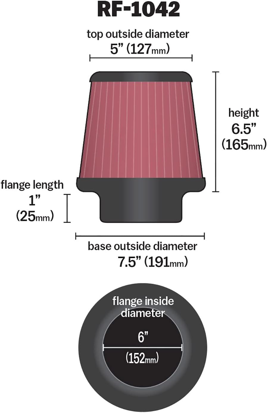 K&N High-Flow Original Lifetime Universal Clamp-On Air Filter: High Performance, Premium, Washable: Flange Diameter: 6 In, Filter Height: 6.5 In, Flange Length: 1 In, Shape: Round Tapered, RF-1042