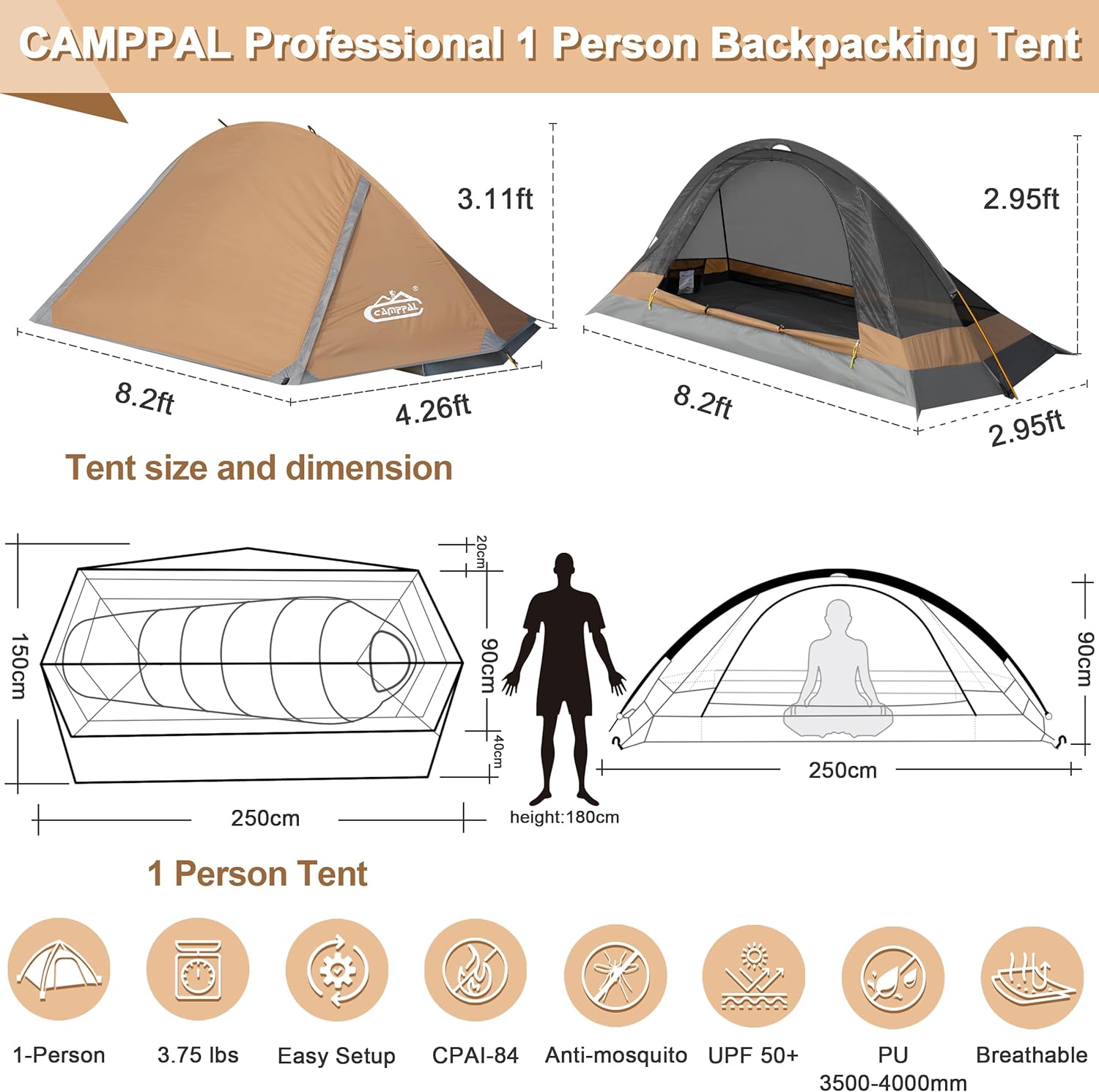 camppal 1 Person Tent for Camping Hiking Mountain Hunting Backpacking Tents 4 Season Resistance to Windproof Rainproof and Waterproof