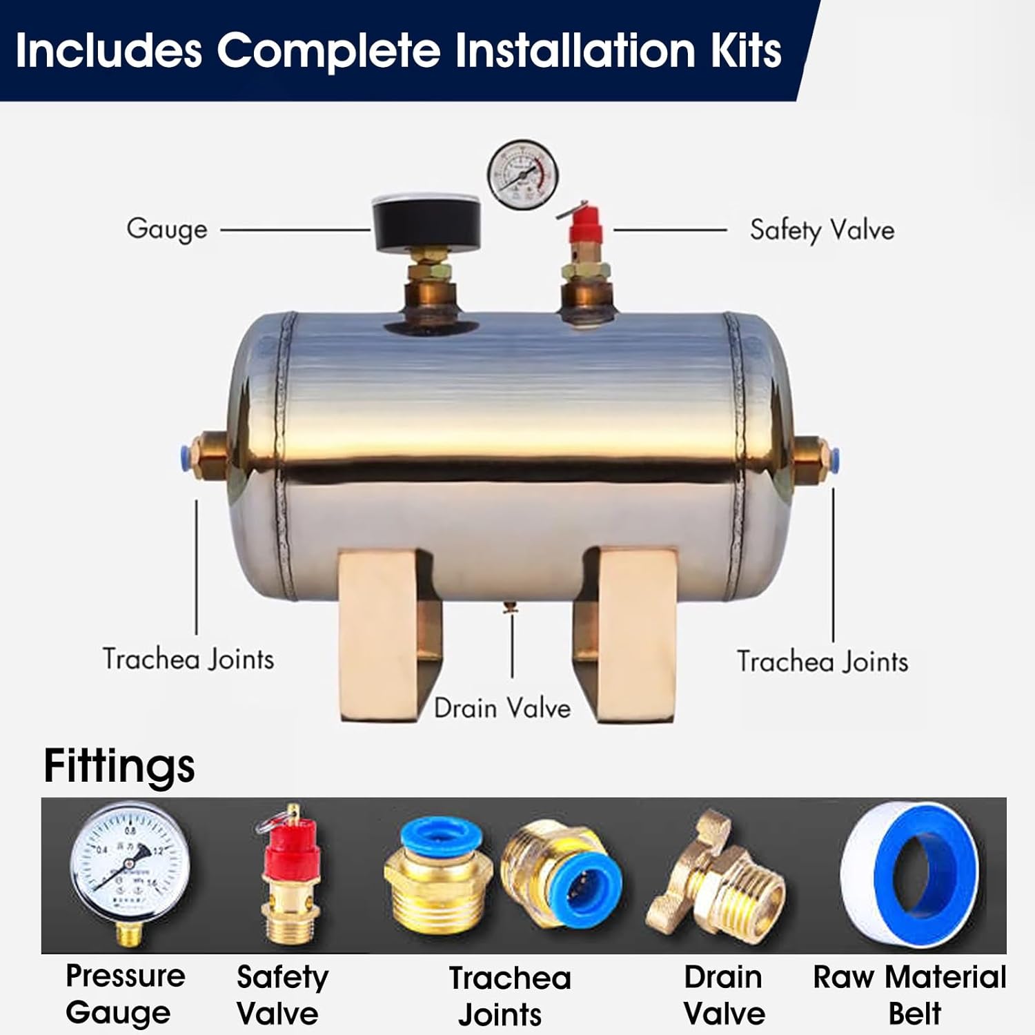 Katzowen Drain Valve 1/4 in & Check Valve 1/2 Npt, 180 Psi Air Compressor Tank w/Pressure Gauge, Small Air Tank Reservoir 1 3 5 8 10 13 15 Gallon Gas Storage Container(5 L/1.3 GaL)