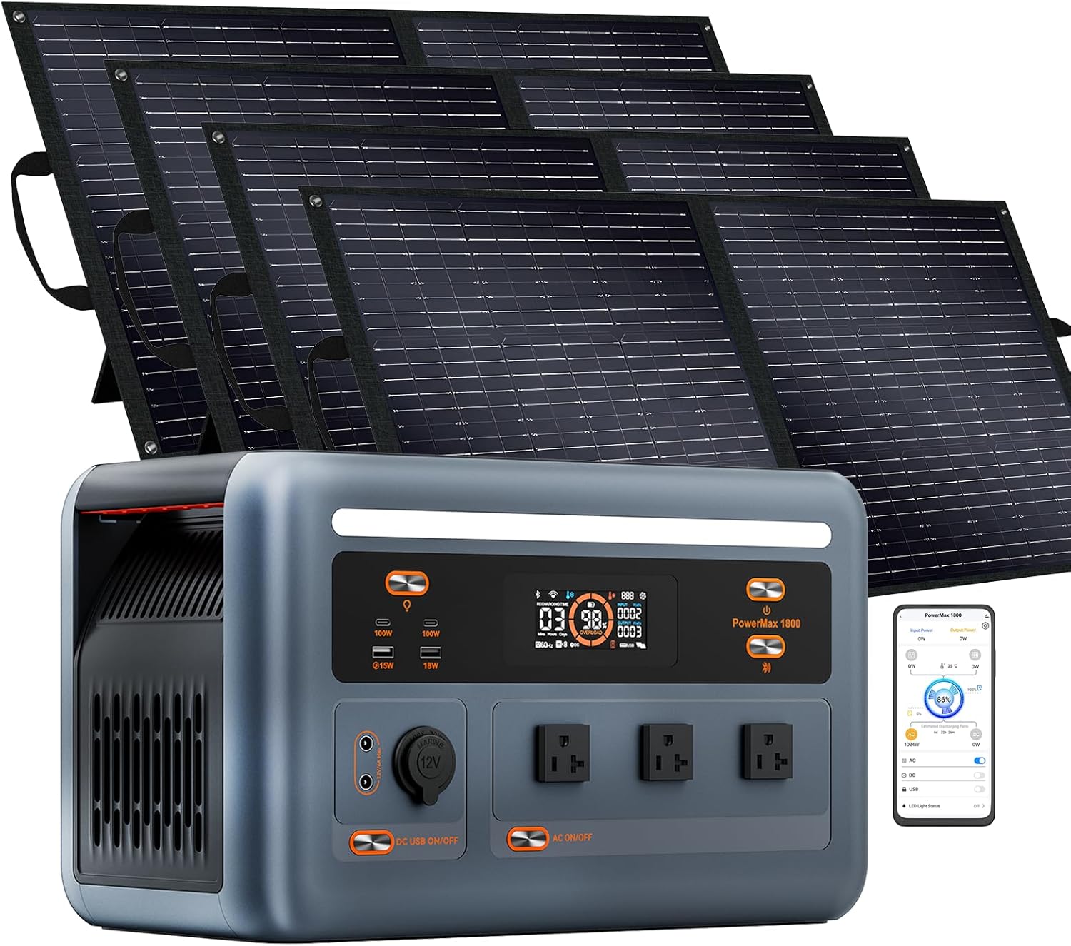 OSCAL Solar Generator with 4x100W Solar Panel PowerMax 1800, 1024Wh 1800W LiFePO4 Battery Generator with 3 AC Outlets (3200W Surge), 700W AC Charging, APP Control Power Station for Home Backup