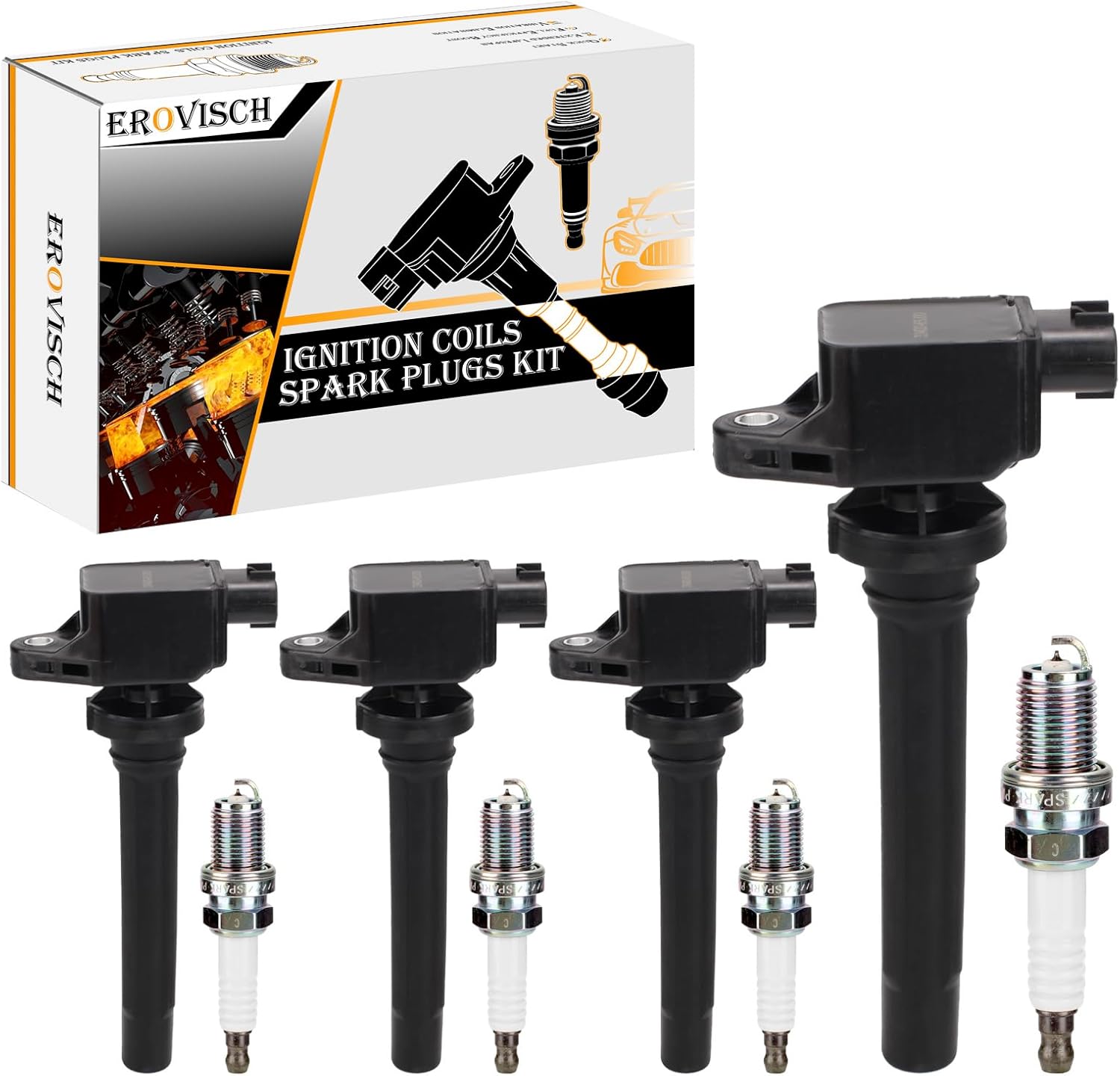 Pack 4 UF756 OEM Ignition Coil & Spark Plug - Compatible with Volvo S60 S80 S90 V60 V90 XC40 XC60 XC70 XC90-2.0L L4 - Replaces # GN10907 31358940 31312514