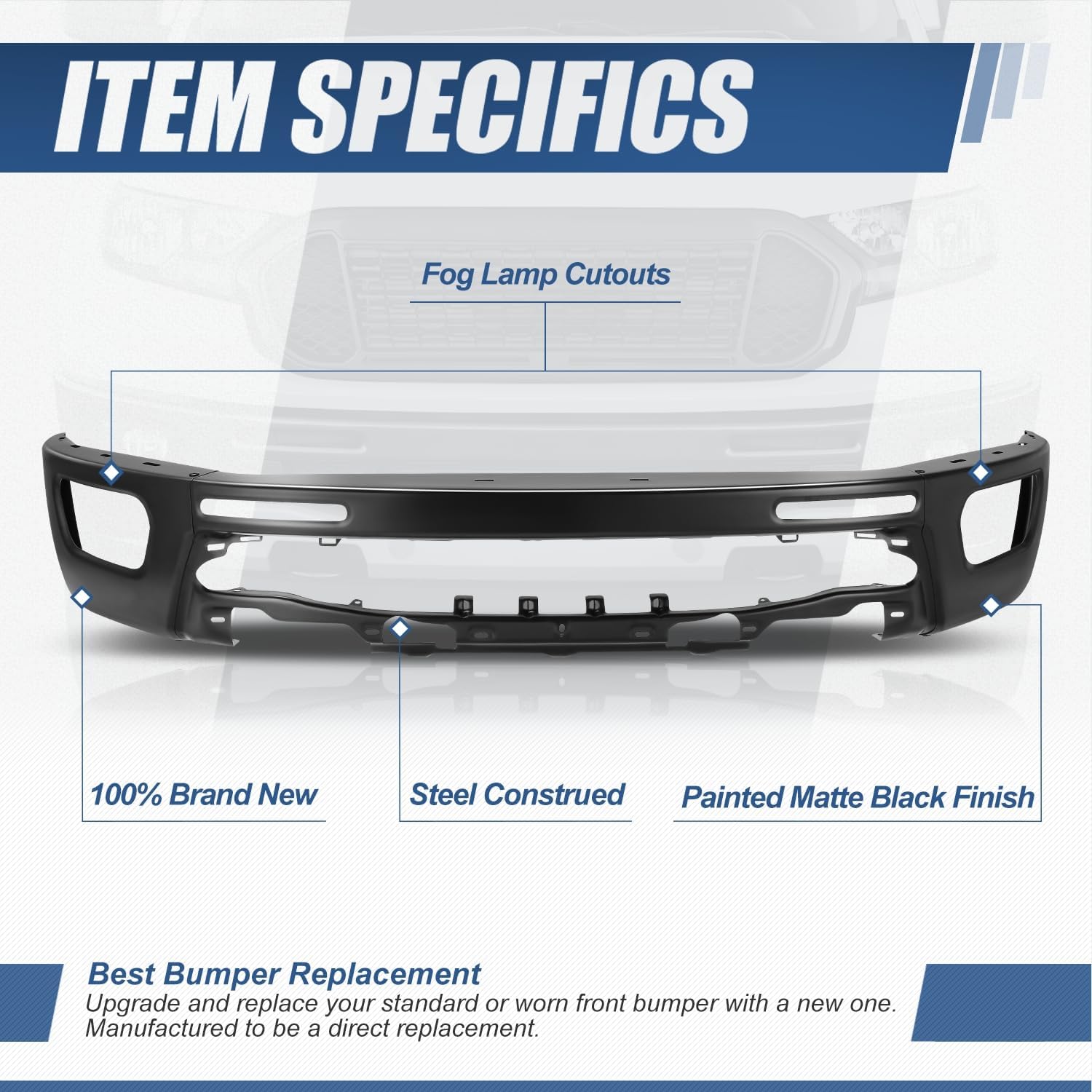 Auto Dynasty Front Bumper Face Bar Compatible with 2019-2023 Ford Ranger, Impact Bumper without Parking Assist, Primered Black Steel, FO1002435, 19 20 21 22 23 24