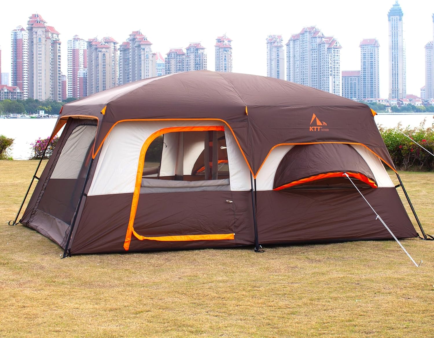 KTT Large Family Cabin Tent 10-12 Person,14.1X10X6.58ft,2 Rooms,3 Storage Pockets,2 Bay-Windows 3 Doors and 3 Windows with Mesh,Straight Wall,Waterproof,Double Layer,Big Tent for Outdoor,Camping