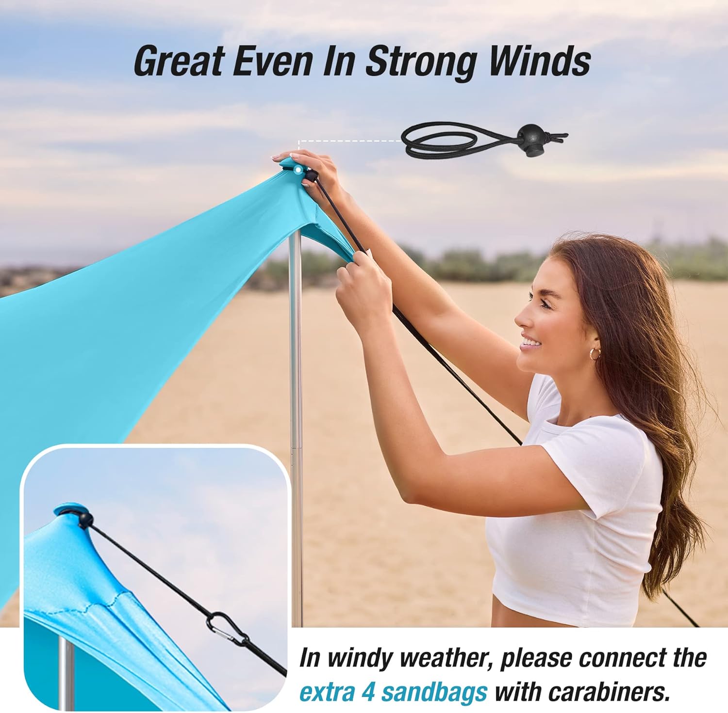 ADesign Windproof Beach Tent Sun Shelter with 8 Sandbags, Wind Resistant Large Family Beach Canopy with Sand Shovel, UPF50+, 6.5 FT Tall, Easy Setup Sun Shade for Beach Vacation