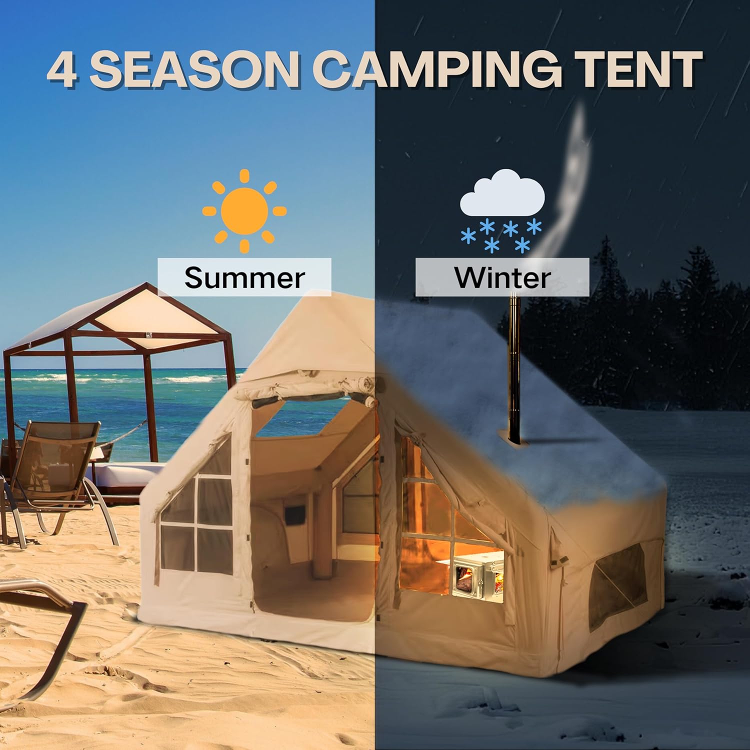 Inflatable Tent, Outdoor Easy Setup Inflatable Tents for Camping, Portable Blow Up Tent with Stove Jack, Cotton Canvas Material for Glamping, for 4 Season, 4/6/8/10 Person Use