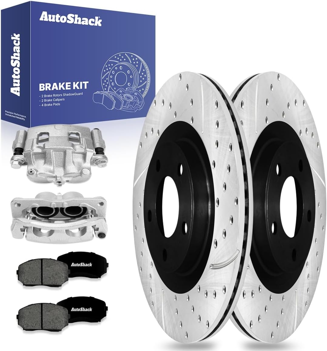 AutoShack Front Drilled & Slotted Brake Rotors Premium Ceramic Brake Pads Calipers | Replacement for 2011-2014 Ford Edge 2011-2012 Lincoln MKX AWD FWD | E-Coated | 8-PC Brake Kit | ShadowGuard