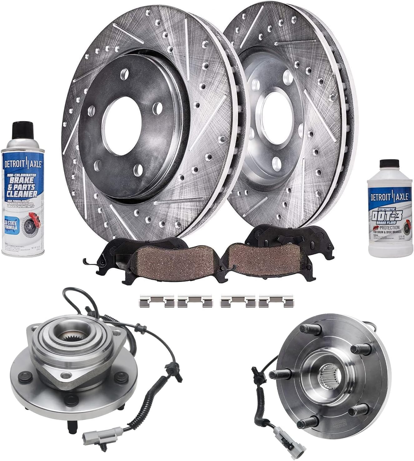 Detroit Axle - Front Brake Kit Wheel Bearing Hubs for 2005-2010 Jeep Commander Grand Cherokee Drilled & Slotted Brake Rotors and Ceramic Brakes Pads 2006 2007 2008 2009 Replacement