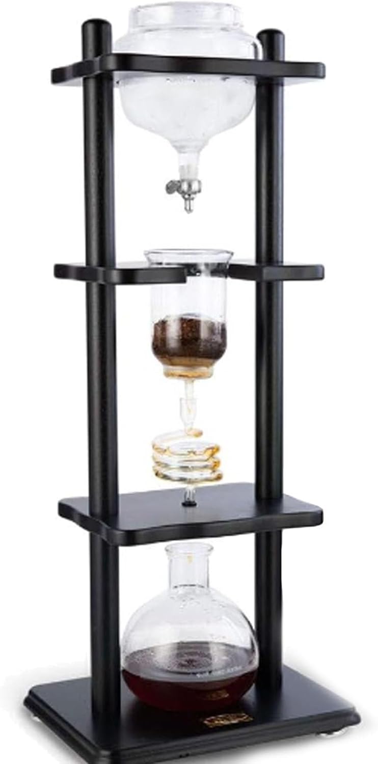 Cold Brew Coffee Tower, Handmade Glass Black Pine Wood Iced Coffee Maker with Adjustable Dripper, Slow Drip Coffee Machine for Home Office Use