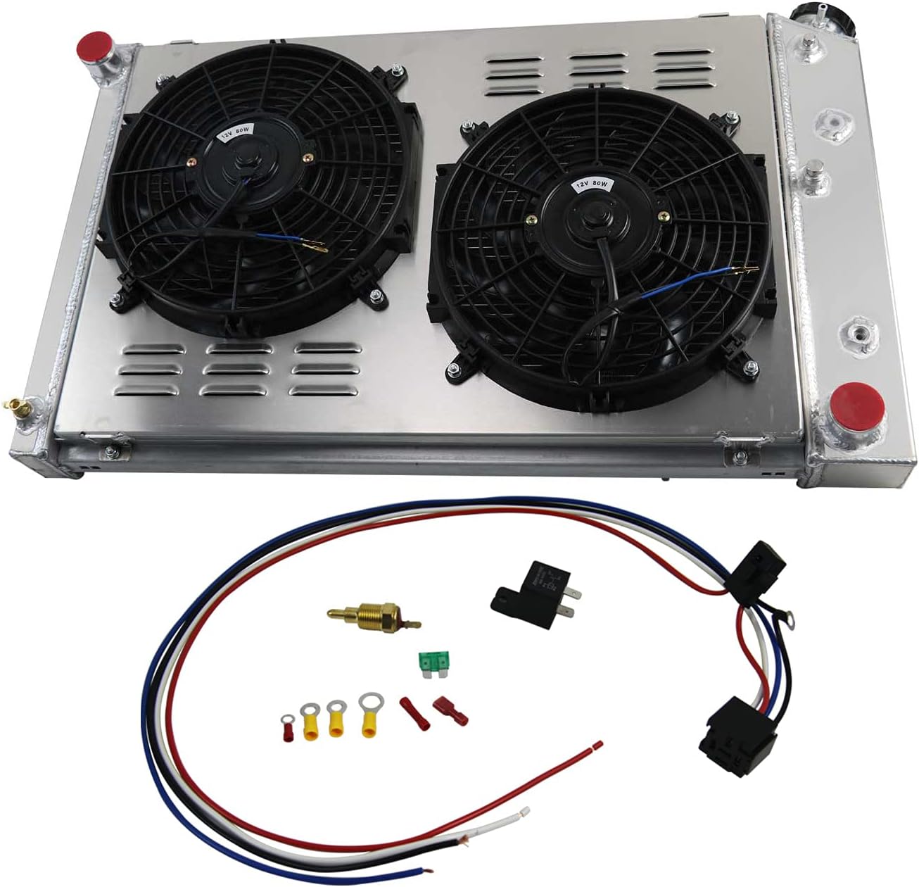 ECMRAD 4 Rows Racing Radiator for Chevy Camaro 1970-1981/ Monte Carlo 1980-1987 G-Body Oldsmobile Cutlass/Pontiac Grand Prix +Shroud Fans Relay kit