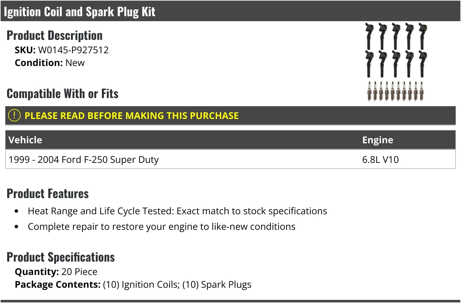 Ignition Coil and Spark Plug Kit - 20 Piece - Compatible with 1999-2004 Ford F-250 Super Duty 6.8L V10