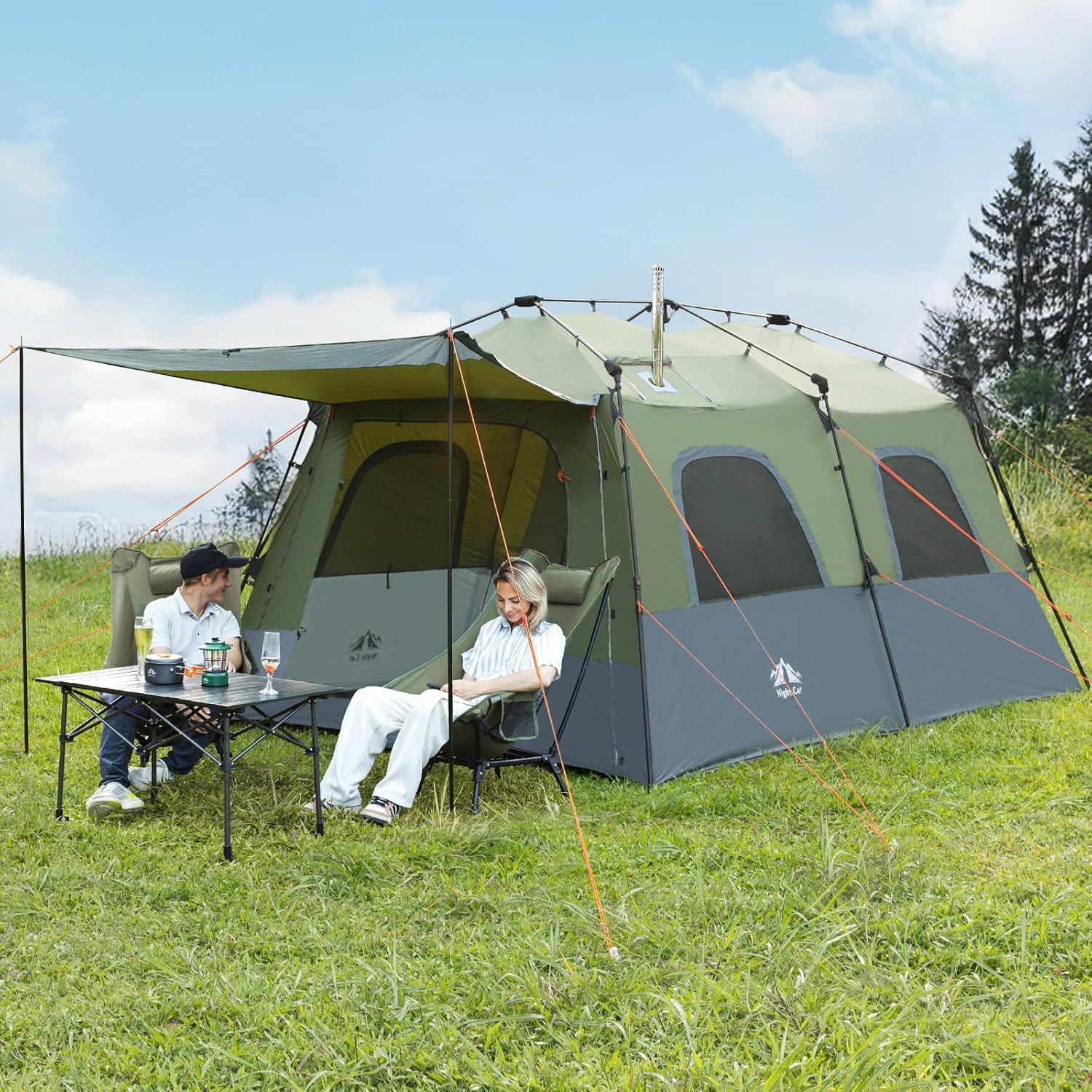 Night Cat 8-Persons Camping Tent: Large Waterproof Instant Cabin Hot Tent with Canopy and Stove Jack for Family Glamping
