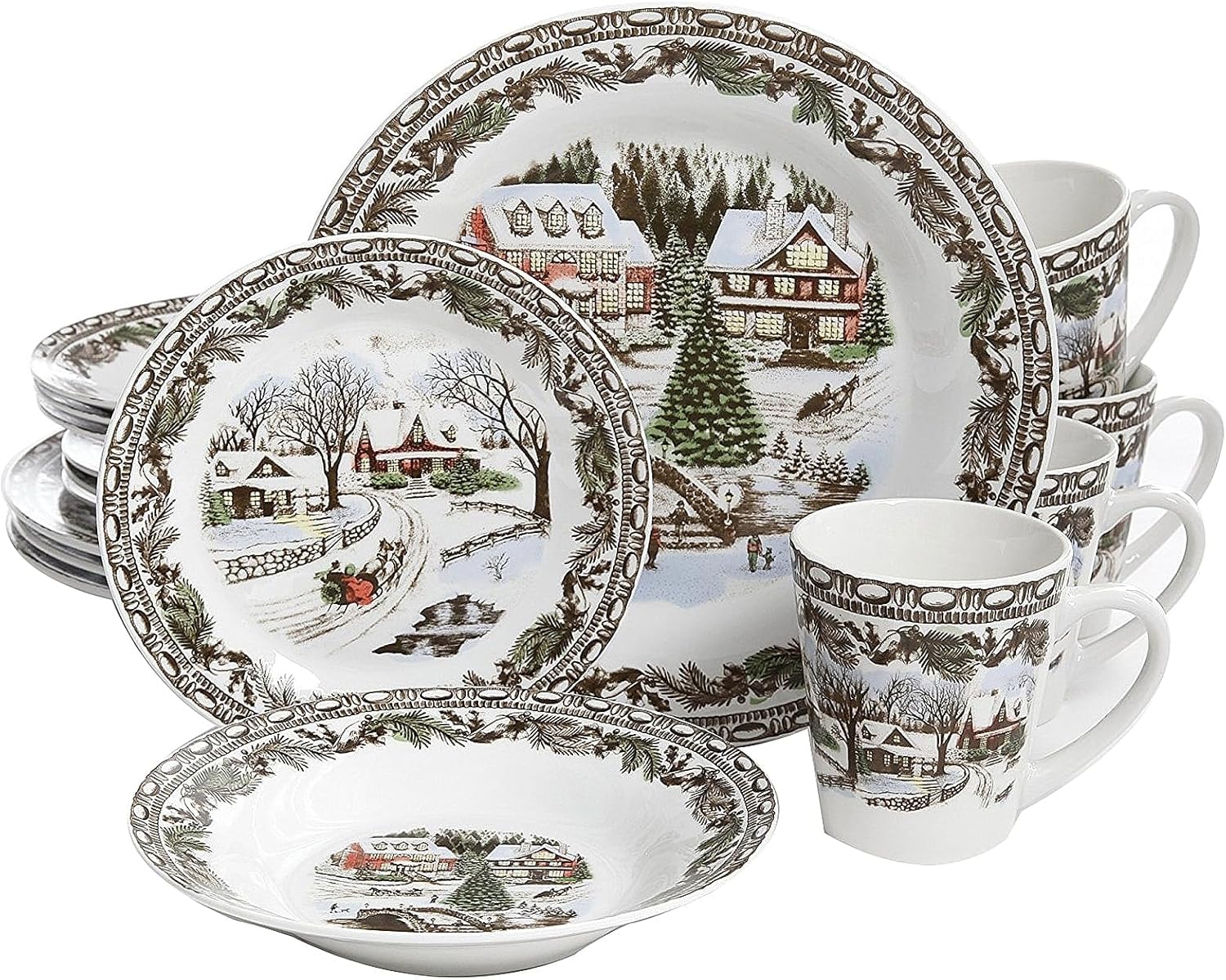 Christmas Time Winter Cabin Dinnerware Set 16 Pieces Multi Color Holiday Casual Round Porcelain Piece Dishwasher Safe