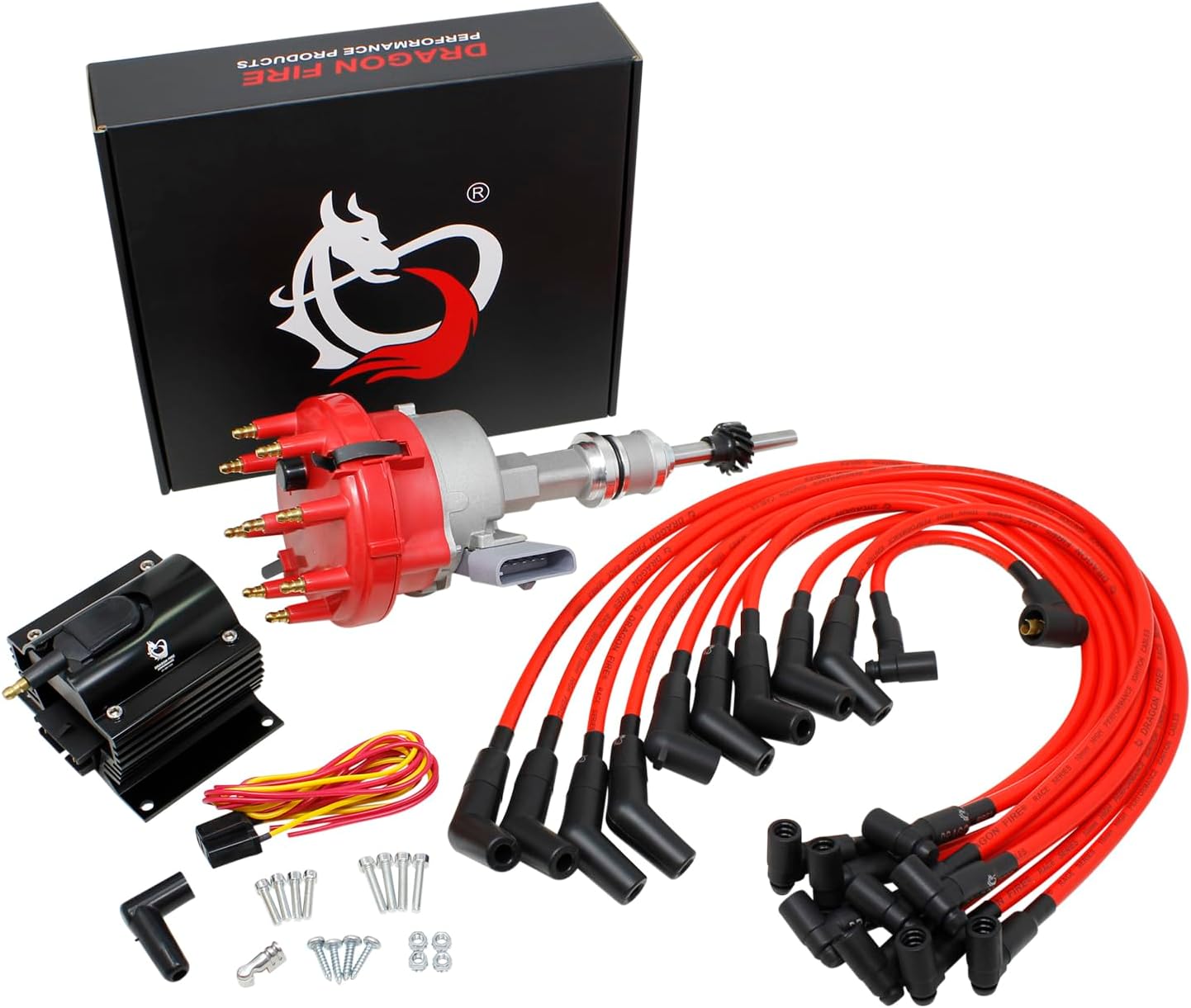 DRAGON FIRE PERFORMANCE Ignition Distributor, Coil & 10mm Spark Plug Wire Set - Fits 1985-1993 F-150, Mustang, Bronco, Grand Marquis, Town Car 5.0L V8 OHV w/ Steel Gear | OEM Direct Fit Kit-1638