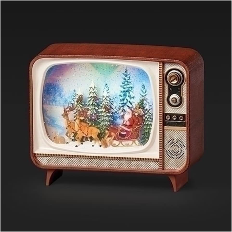 Roman Lights Swirl TV Santa Scene Figurine, 6.7-inch Height, Christmas Decoration