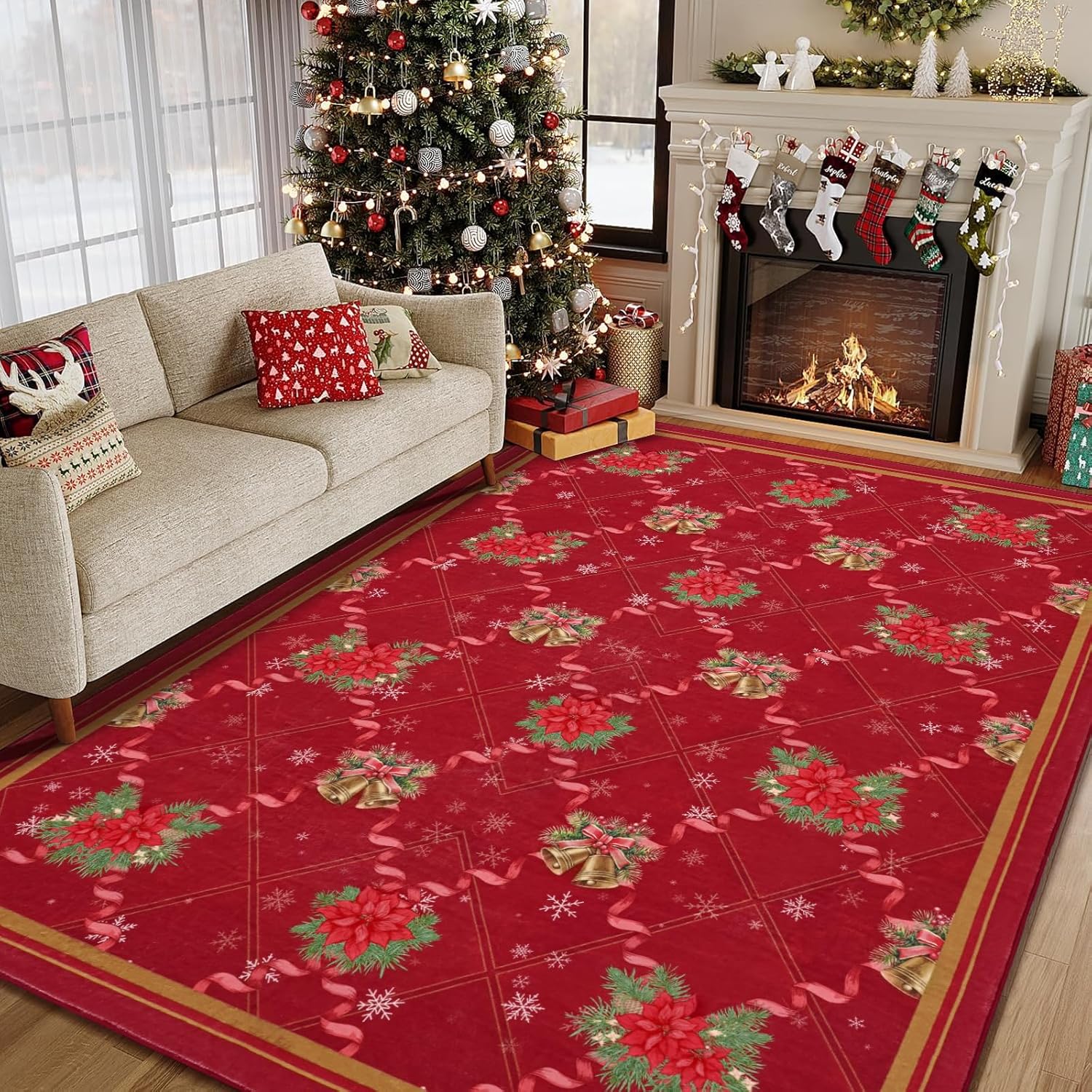 Yinhua Christmas 8x10 Area Rugs, Washable Rugs for Living Room, Grid Non-Slip Rug for Bedroom Christmas Large Area Rug, Red Diamond Soft Floor Carpet for Kid Room Dining Winter Xmas Decor