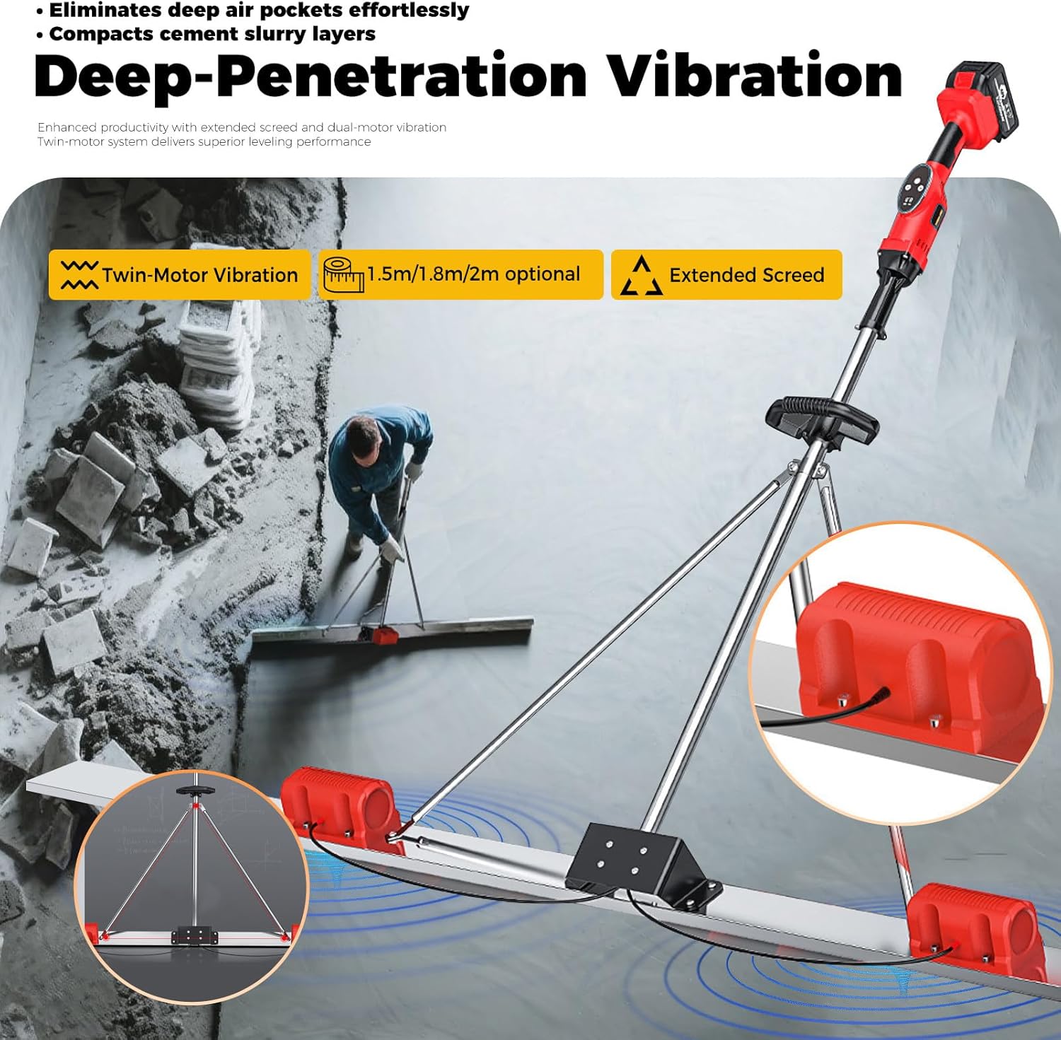 Concrete Vibrator Electric,20000mAh Long Battery Life,9 Vibration speeds,6000 RPM,Power Concrete Tools,for Finishing/Smoothing Driveway and Patio Concrete 2M-1battery1charger
