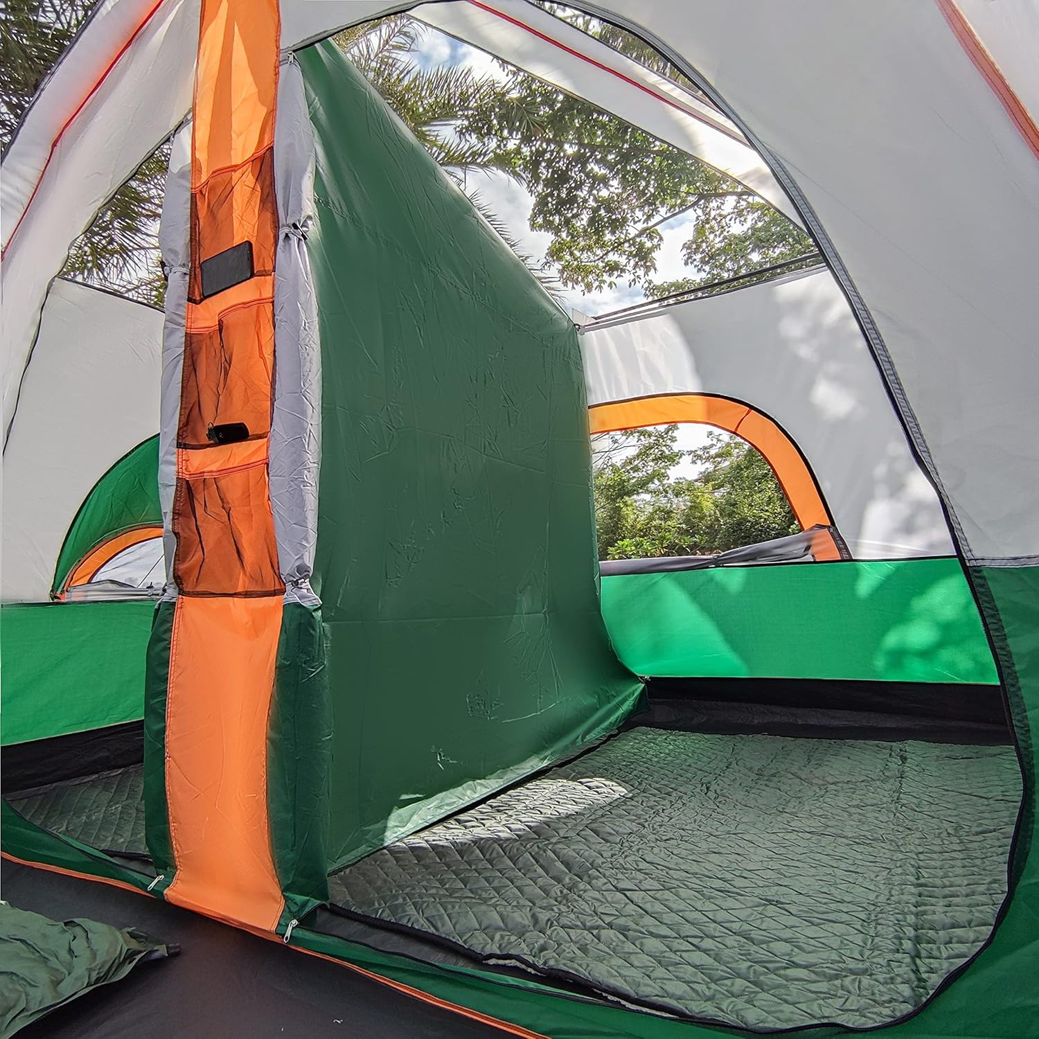 KTT Large Family Cabin Tent 10-12 Person,14.1X10X6.58ft,2 Rooms,3 Storage Pockets,2 Bay-Windows 3 Doors and 3 Windows with Mesh,Straight Wall,Waterproof,Double Layer,Big Tent for Outdoor,Camping