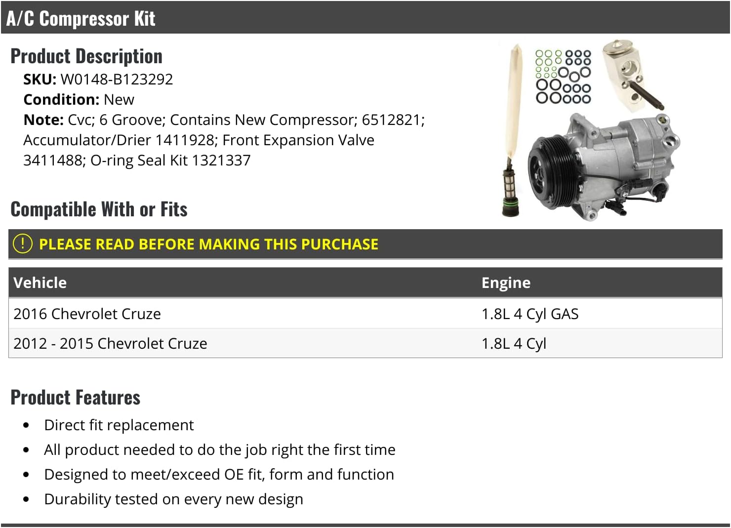 A/C Compressor Kit - 6-Groove - Compatible with 2012-2016 Chevy Cruze 1.8L 4-Cylinder