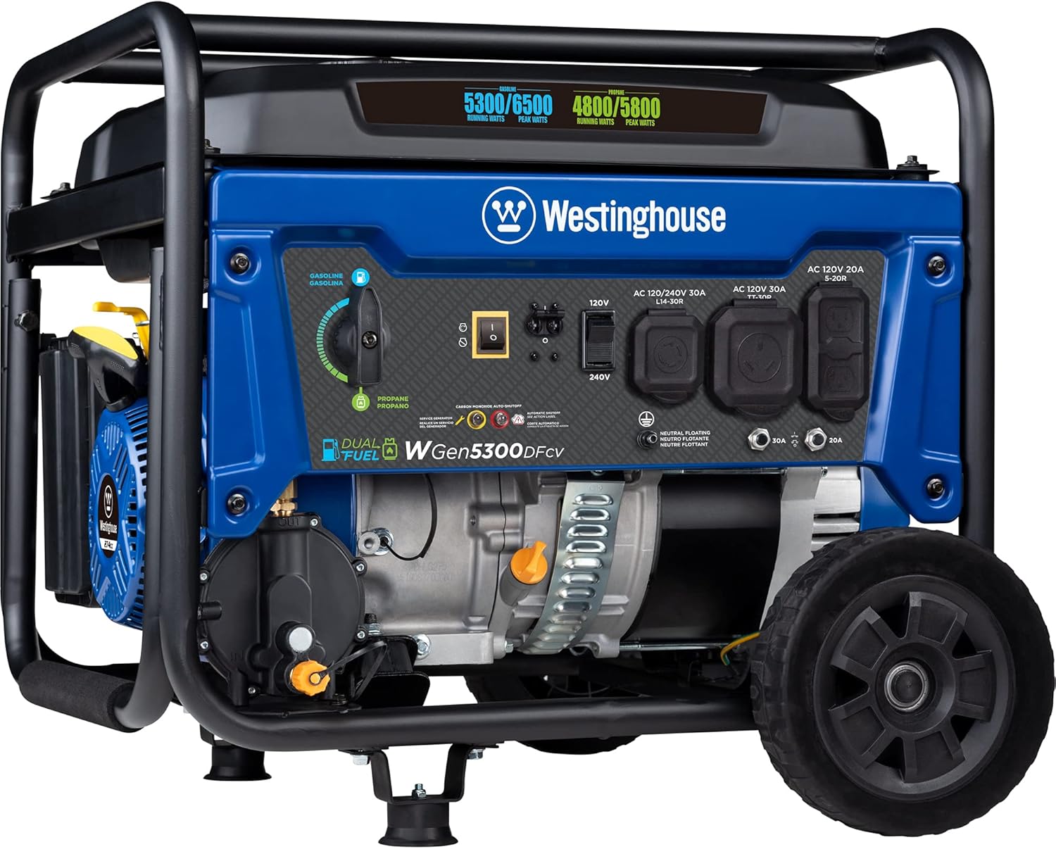 Westinghouse 7500 Peak Watt EFI Dual Fuel Home Backup Portable Generator, Remote Electric Start, Transfer Switch Ready, Gas and Propane Powered, CO Sensor, CARB Compliant