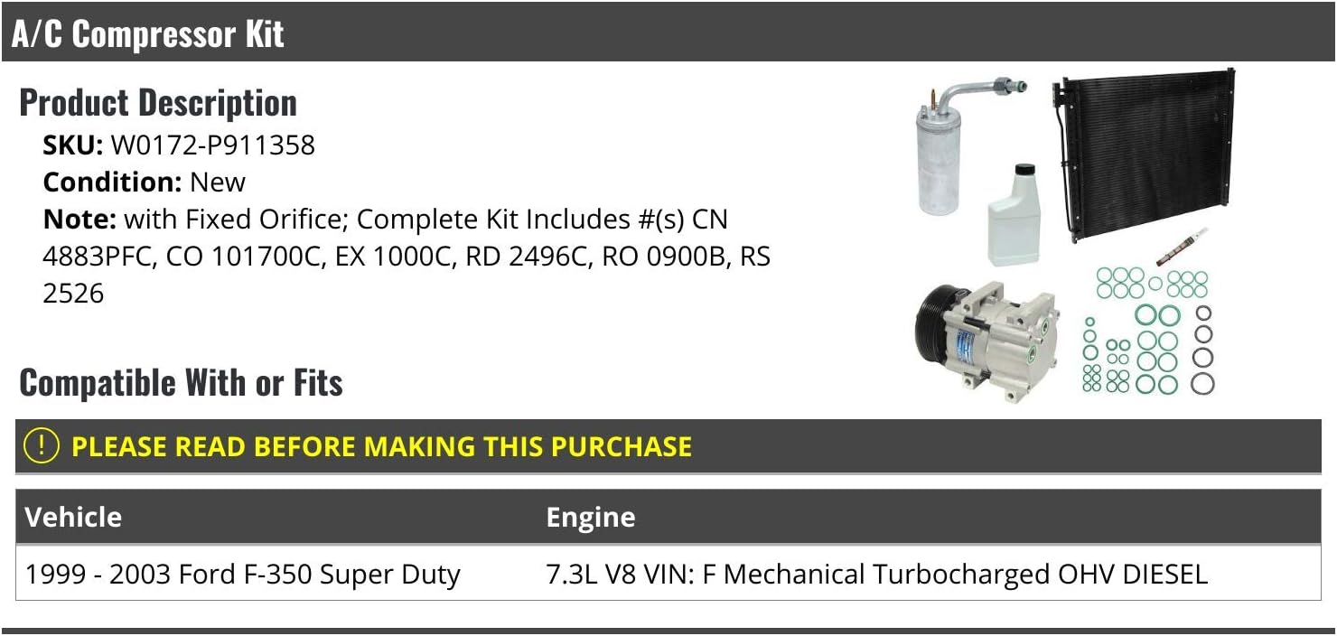 A/C Compressor Kit with Fixed Orifice - Compatible with 1999-2003 Ford F350 Super Duty 7.3L V8 VIN F Mechanical Turbo Diesel