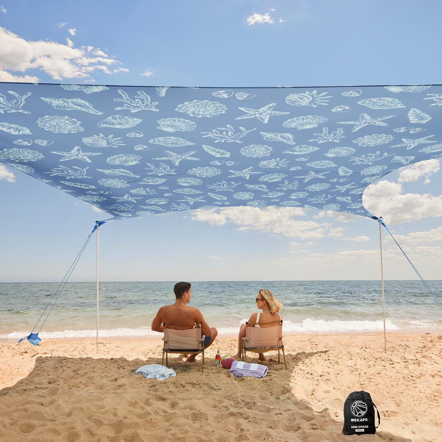 WEKAPO Beach Tent Sun Shelter - Easy Setup Beach Canopy with 4 Sturdy Poles, Large Sandbags and Shovel, 6'7'' Tall, Windproof Sun Shade for Backyard and Camping, UPF 50+ Protection