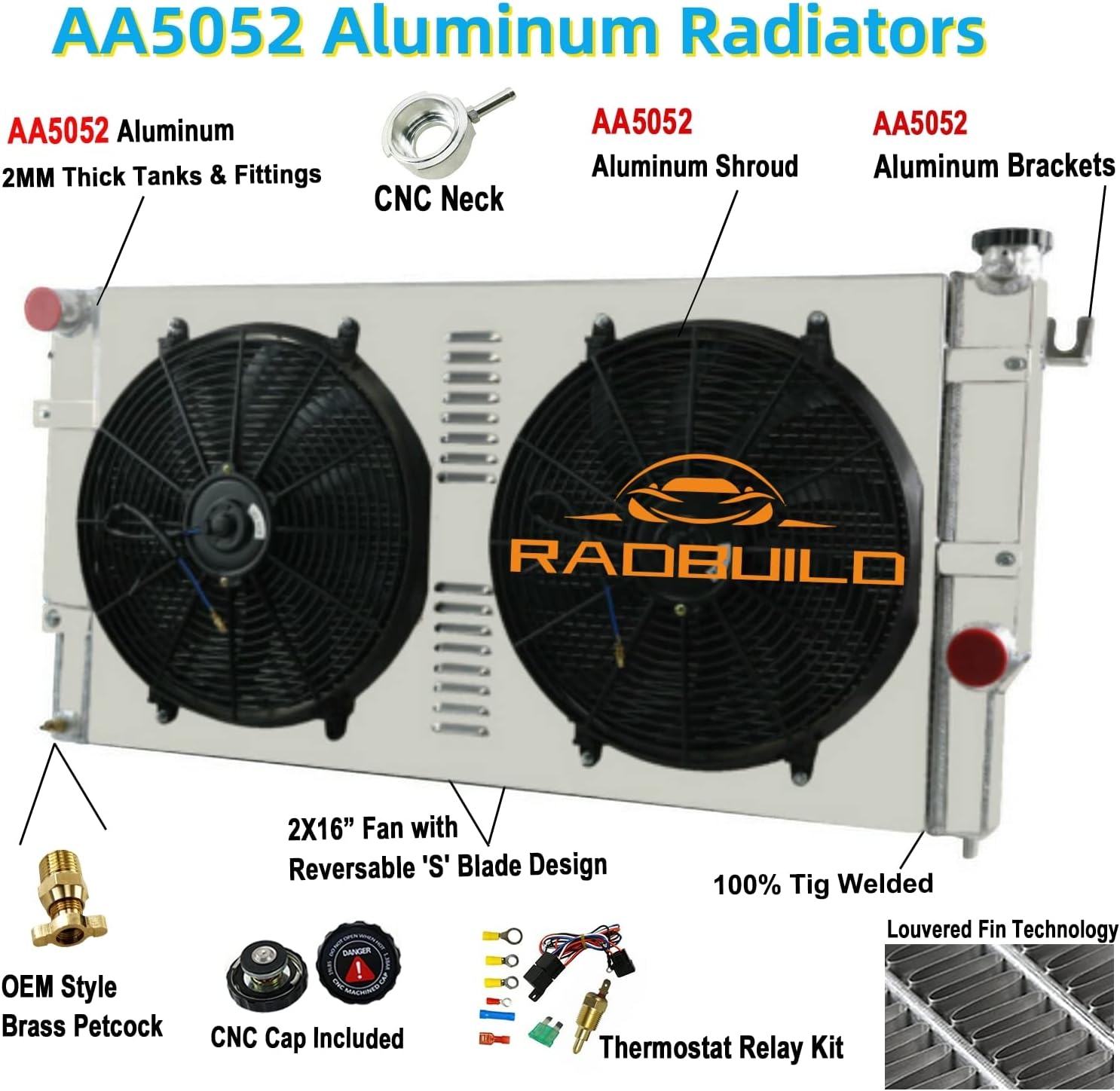 CU1553 3 Row Radiator for 1994-2002 Dodge Ram 2500 3500 5.9L Cummins Aluminum Radiators Shroud 2x16