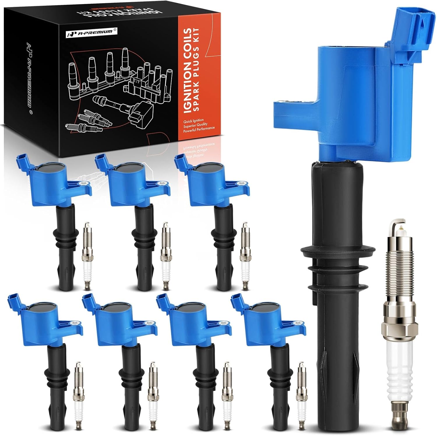A-Premium (Blue) Set of 16 Ignition Coil Pack and Iridium Spark Plugs Compatible with Ford F-150, F-250 F-350 Super Duty, Explorer, Explorer Sport Trac, Mustang, Expedition & Lincoln & Mercury, 4.6L