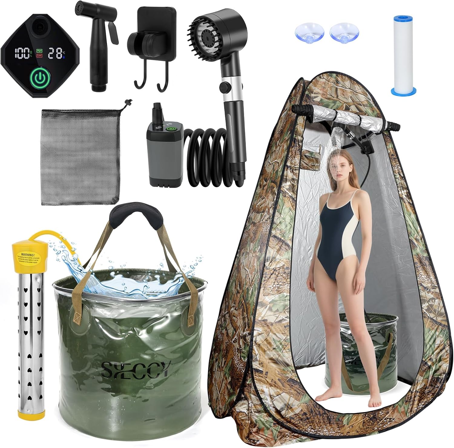 Portable Shower with Heater & Tent – 6.6 Gallon Foldable Bucket, 1500W Auto-Off Heater, 6000mAh Rechargeable Portable Camping Shower Pump, Digital Temp & Power Display for Hiking & Beach