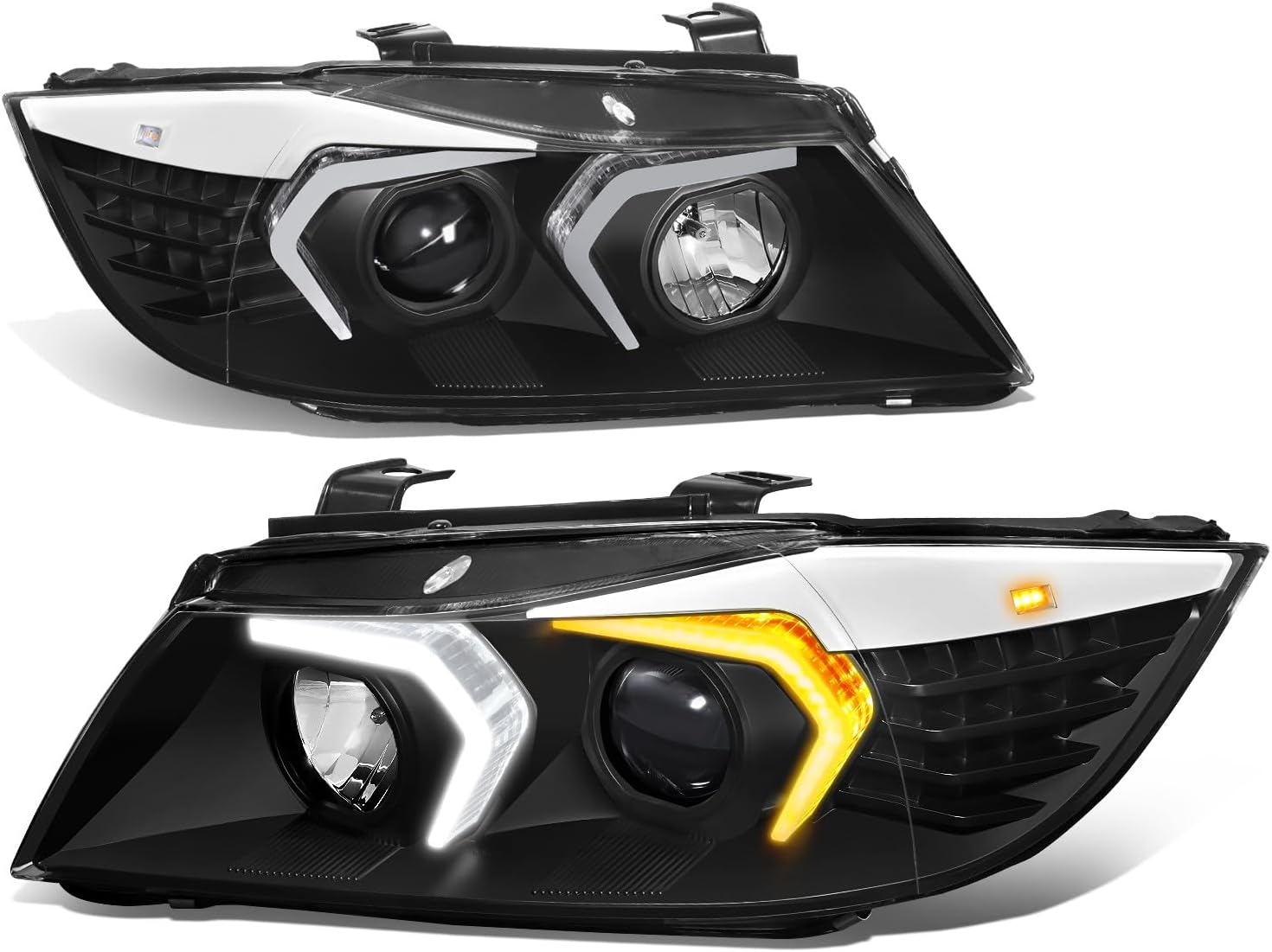 Auto Dynasty LED Halo Headlights Assembly Compatible with 2005-2008 BMW E90 325i 325xi 330i 4-Dr Sedan, Left and Right Side, 3D Dual Crystal U-Halo, Projector Low Beam, LED Turn Signal, Black Housing