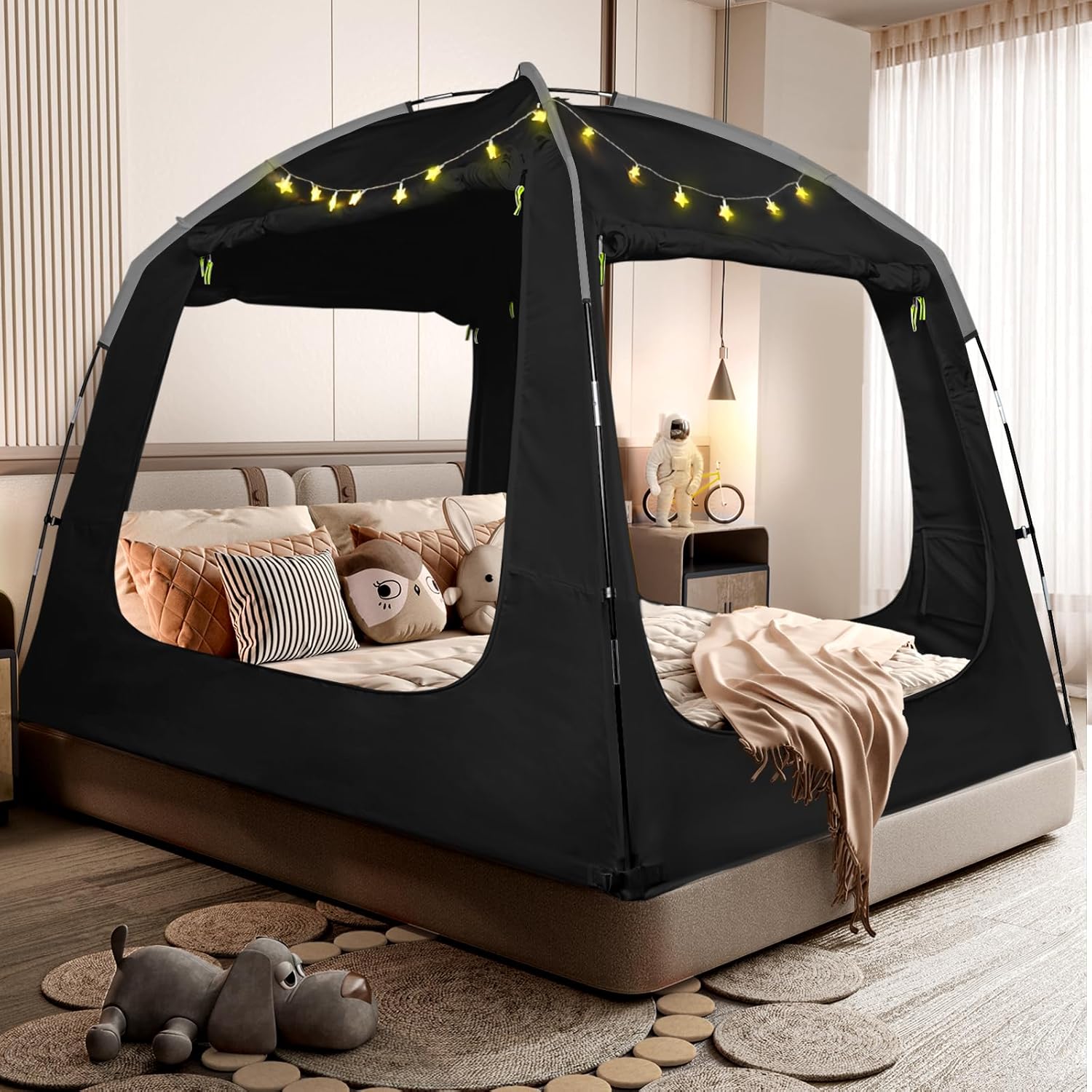 Bed Tent Bed Canopy Full Size for Kid and Adults 100% Breathable Tents 4 Doors 80% Blackout - Indoor Portable Sleeping Tents Privacy Large Space with String Light