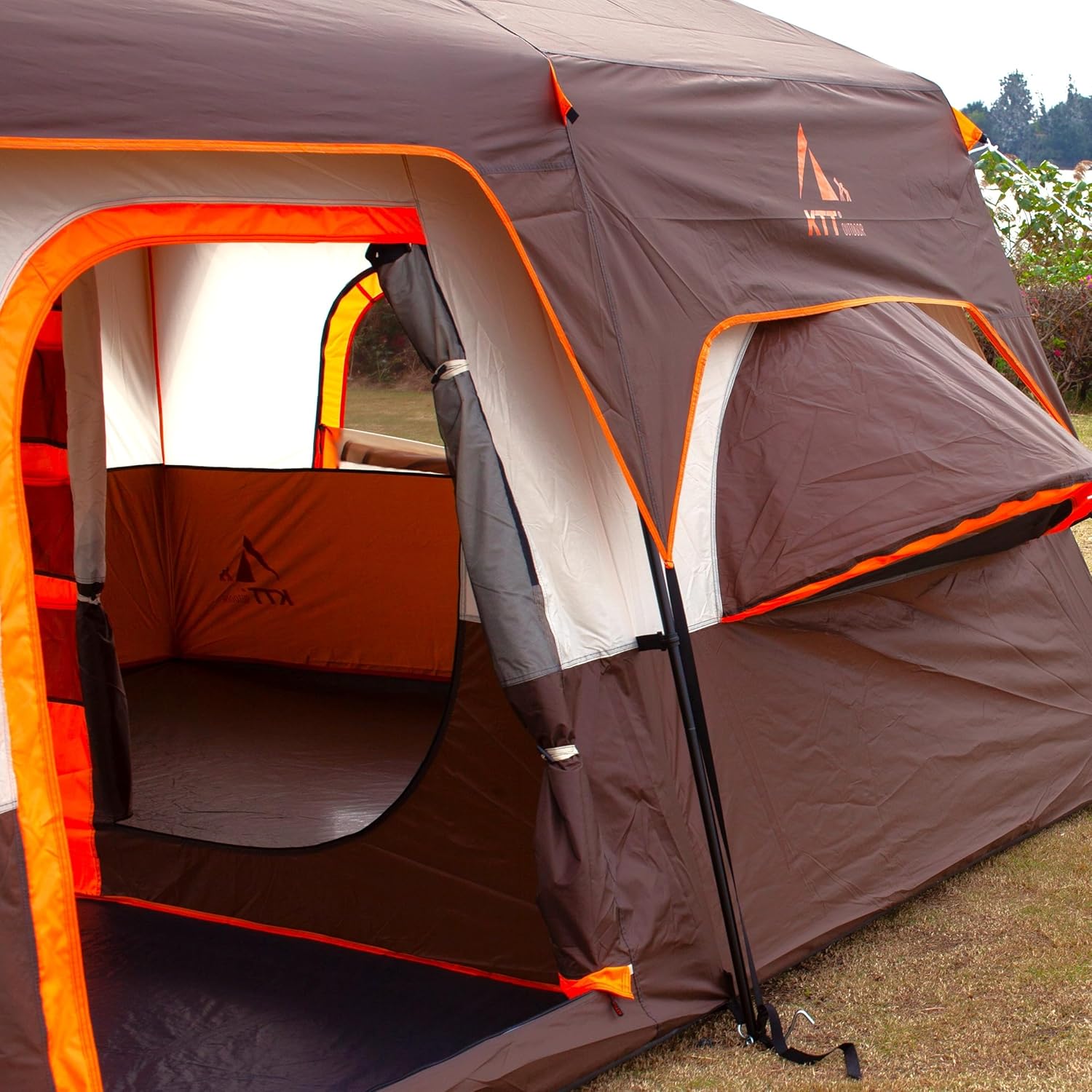 KTT Large Family Cabin Tent 10-12 Person,14.1X10X6.58ft,2 Rooms,3 Storage Pockets,2 Bay-Windows 3 Doors and 3 Windows with Mesh,Straight Wall,Waterproof,Double Layer,Big Tent for Outdoor,Camping