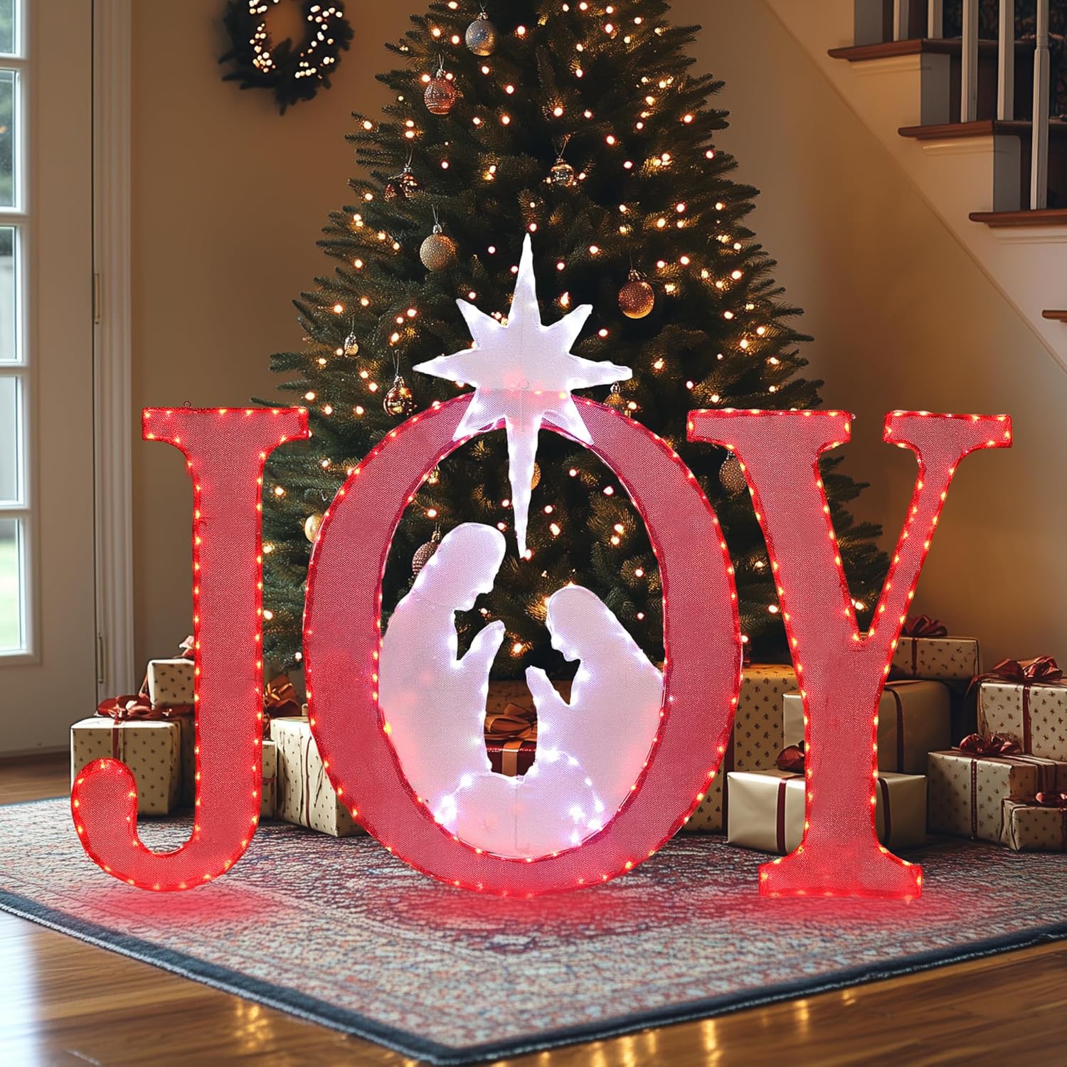 49-Inch Large Outdoor Christmas Decorations Joy Lighted Sign Outdoor Nativity Christmas Holiday Decoration Yard Weather Resistant 350 LED Lights Nativity Joy Sign Hang/Stand for Porch Indoor