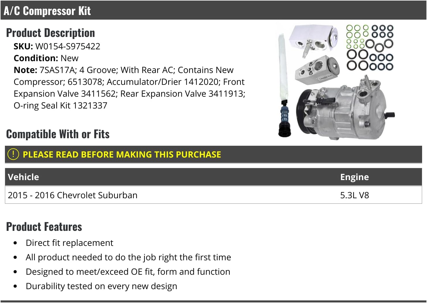 A/C Compressor Kit - Compatible with 2015-2016 Chevy Suburban 5.3L V8 with Rear AC