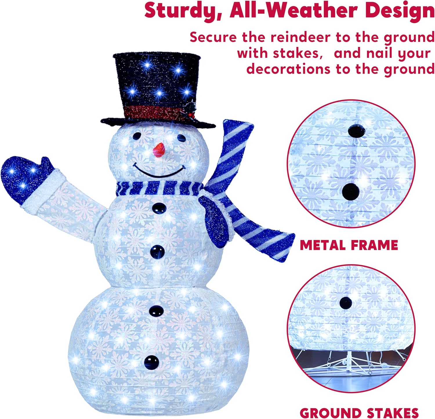 JOIEDOMI 3 Pcs 3D Christmas Collapsible Snowman Yard Light 270 Pre-Lit LED Cool White Lights for Indoor Outdoor Garden Holiday Décor, Xmas Event Decoration, Christmas Eve Night, Blue Scarf