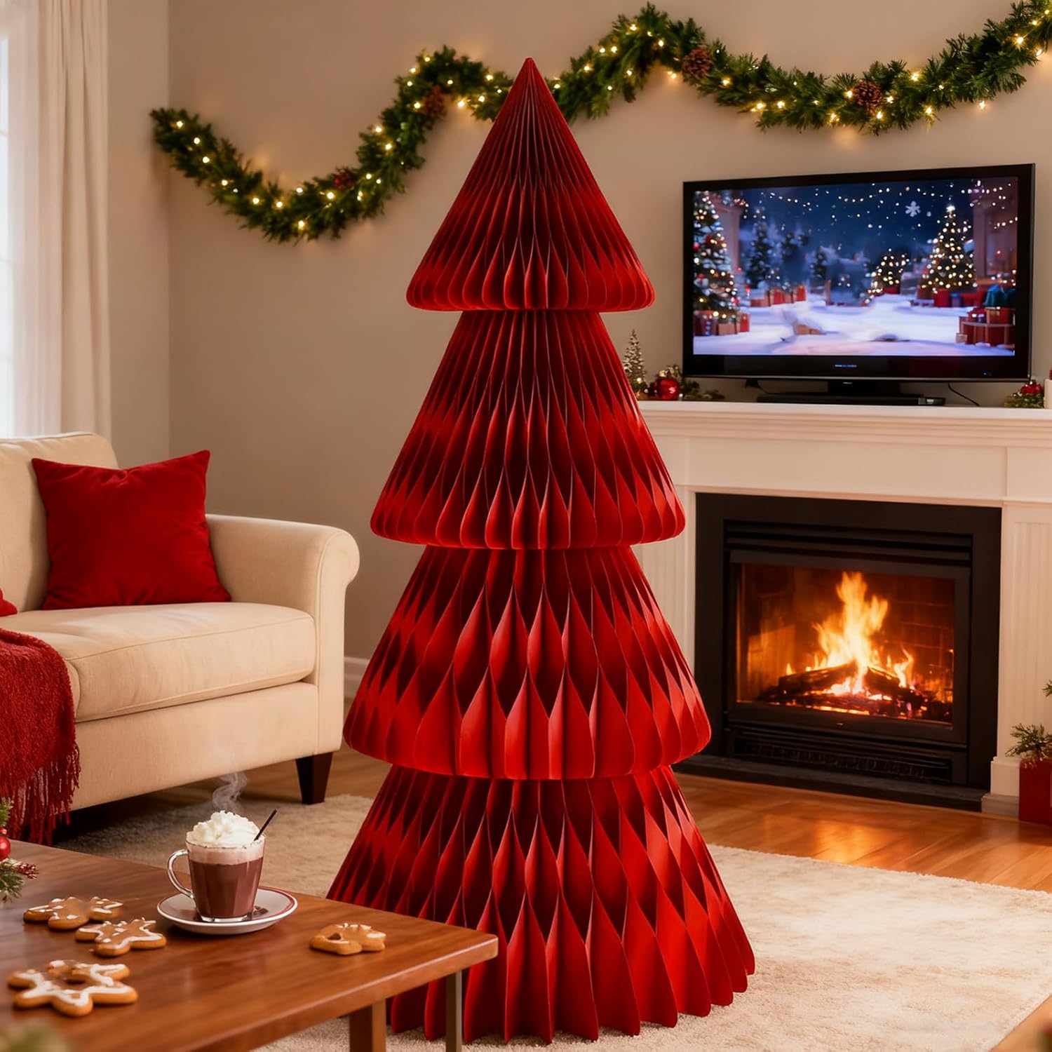5ft Paper Honeycomb Tree - Cardboard Style 3D Xmas Papers Table Ornament Folding Trees, Effortless Assembly and Storage, for Xmas, Holiday Party Weddings Decor (Red)