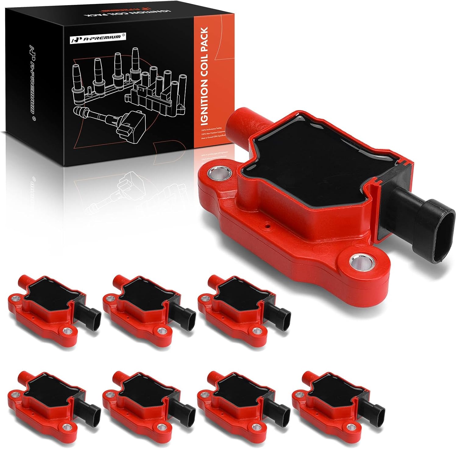 A-Premium (Red) Engine Ignition Coil Pack Compatible with Chevrolet Silverado 1500 Tahoe Suburban Express Avalanche TrailBlazer & GMC Sierra Yukon Savana Envoy & Cadillac Escalade & Buick, 8-PC Set
