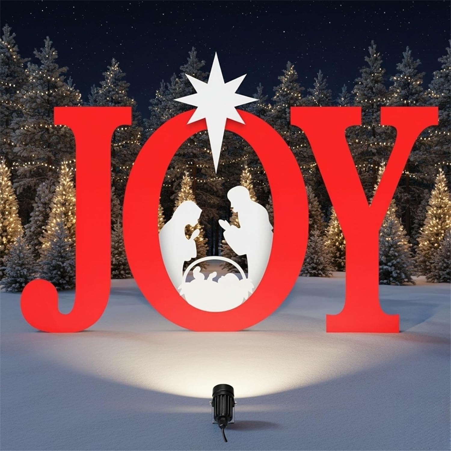 Christmas Joy Nativity Sign with Spotlight, Joy Christmas Nativity Scene Outdoor Decoration for Garden Lawn Yard, Weather Resistant PVC Silhouette Outdoor Decor, Red