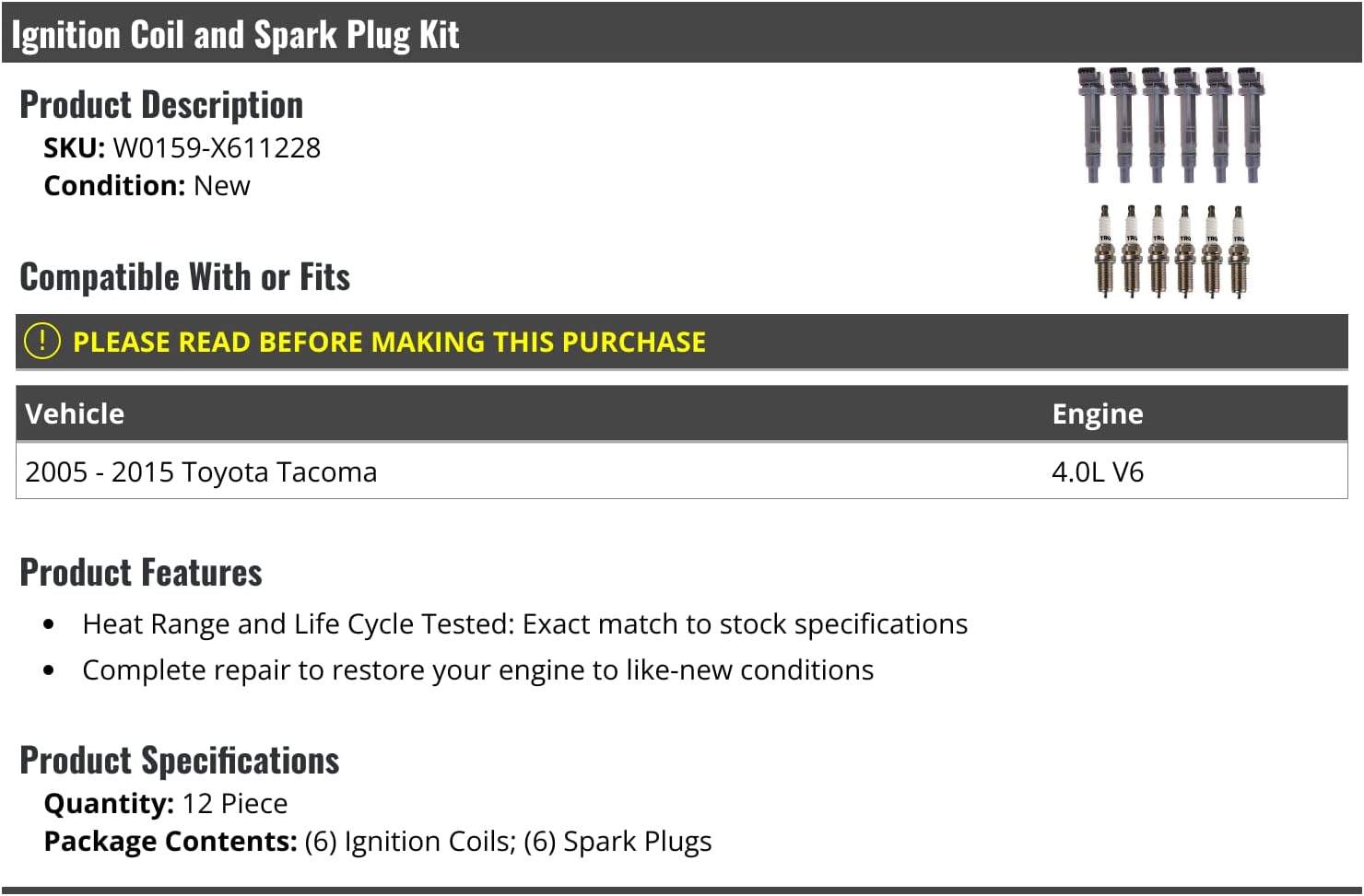 Ignition Coil and Spark Plug Kit 12 Piece - Compatible with 2005-2015 Toyota Tacoma 4.0L V6