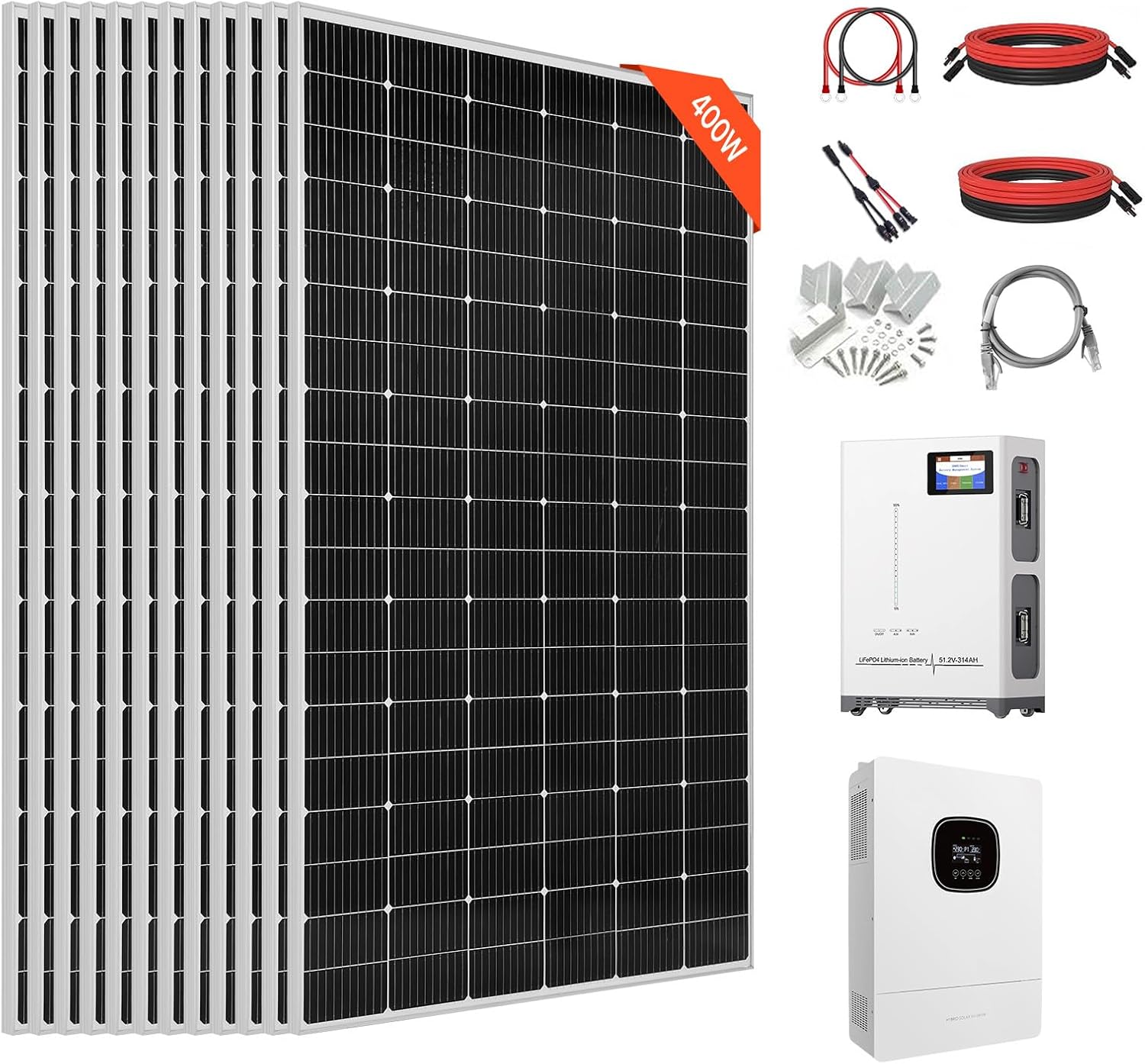 VEVOR 4800W 48V Complete Solar Power Kit, 12*400W Monocrystalline Solar Panels + 51.2V 300Ah LiFePO₄ Battery + 48V 10KW Hybrid Inverter, Super High Output Off-Grid Solar Kit for Large House Shed Farm