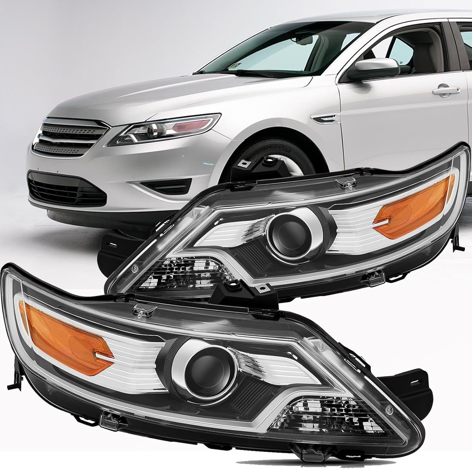 Headlights Assembly Compatible With 2010 2011 2012 Ford Taurus Halogen Replacement Head Light, Driver and Passenger Side,Pair Chrome Housing Amber Side For Ford Taurus 10 11 12 SE SEL