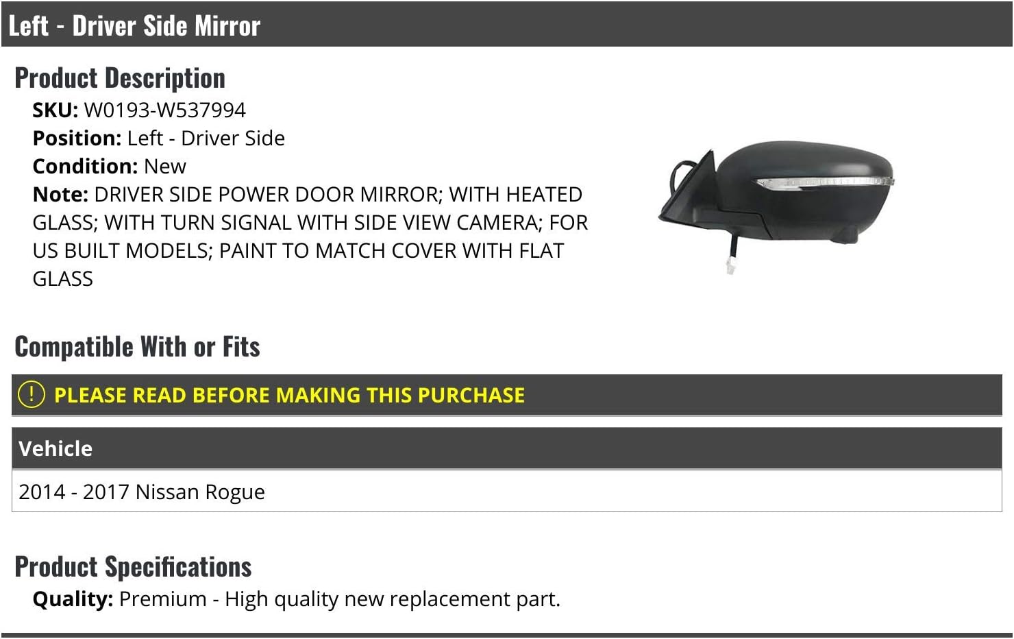 Left Driver Side Power Mirror - with Heated Glass, Turn Signal and Side View Camera - Compatible with 2014-2017 Nissan Rogue (USA Built)