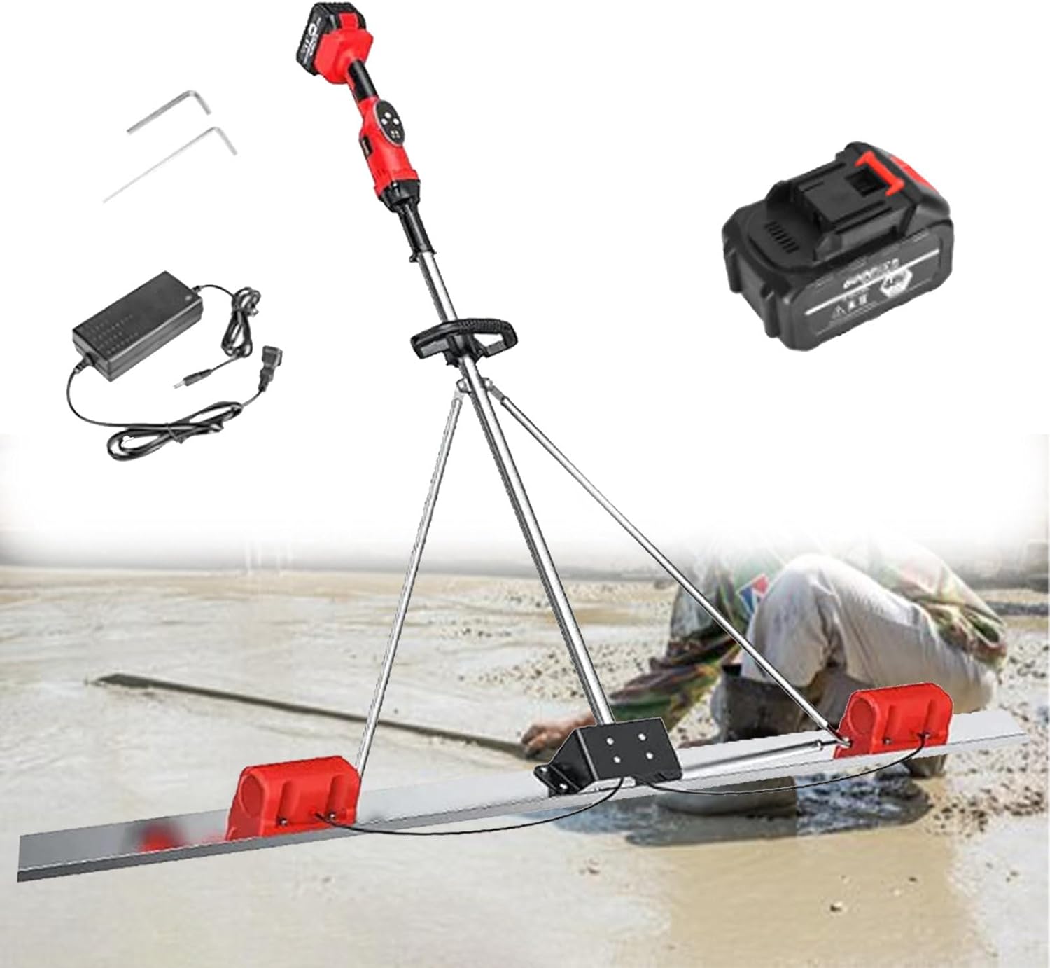 Cordless Screed Board Kits, Concrete Vibratory Screed with 9 Speed Adjustment and Power Display, for Construction Sites 2*Battery-1.8M